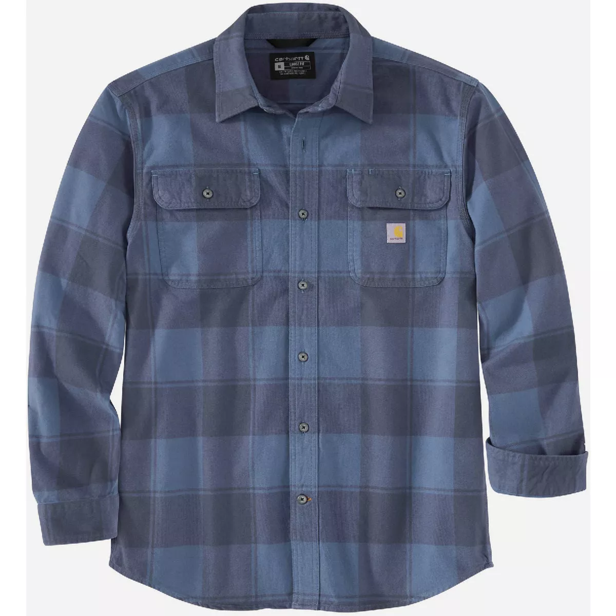Carhartt Men's L Tall Navy Heavyweight Flannel Long-Sleeve Button Down Plaid Shirt, Loose Fit