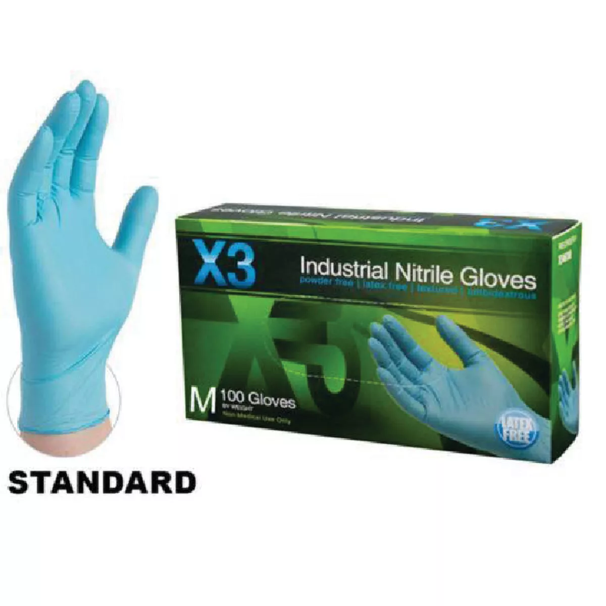 Ammex X3 Industrial Nitrile Blue Medium 3 Mil. Disposable Gloves (100 Per Box), 021-402-
