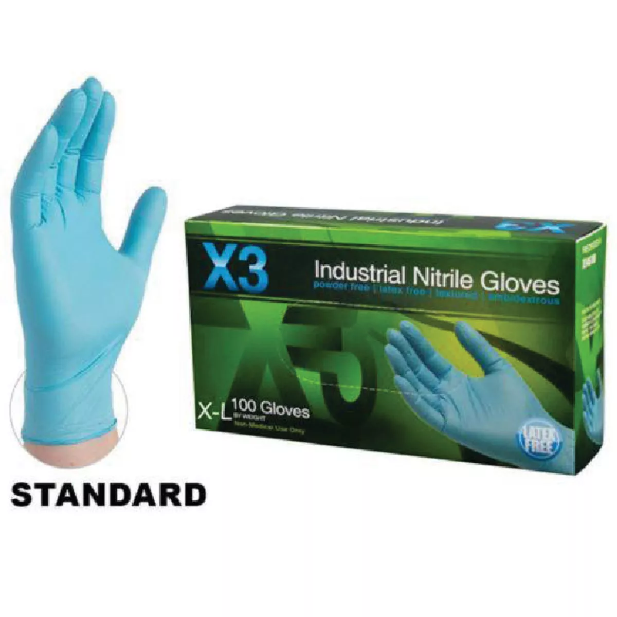 Ammex X3 Industrial Nitrile Blue XL 3 Mil. Powder Free Disposable Gloves (100 Per Box), 021-428-