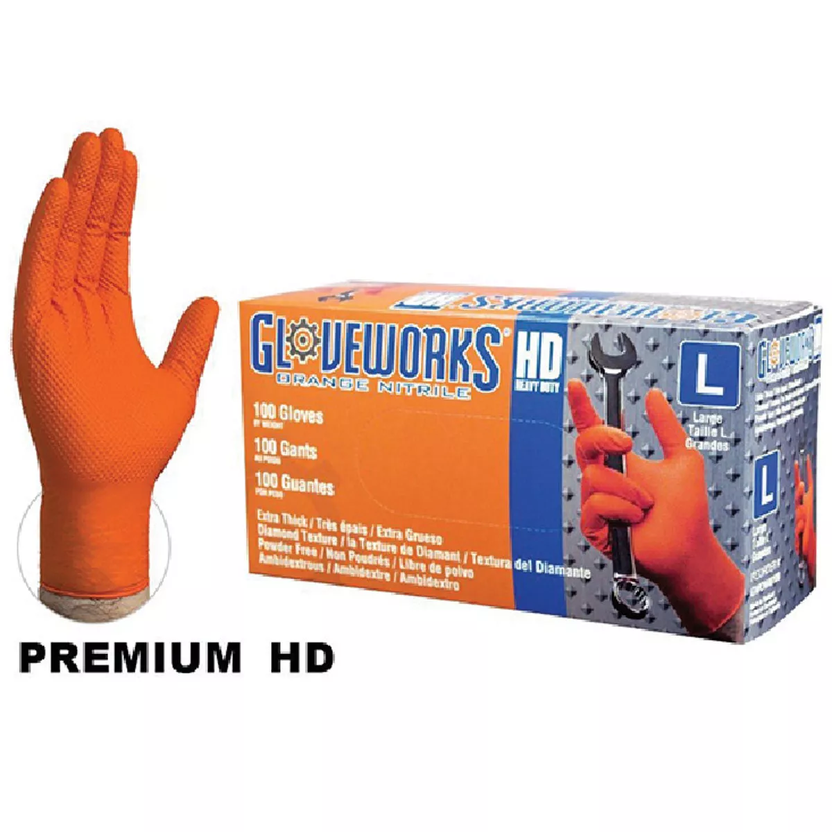 Ammex Gloveworks Nitrile Heavy Duty Orange Large 8 Mil. Disposable Gloves (100 Per Box), 021-661