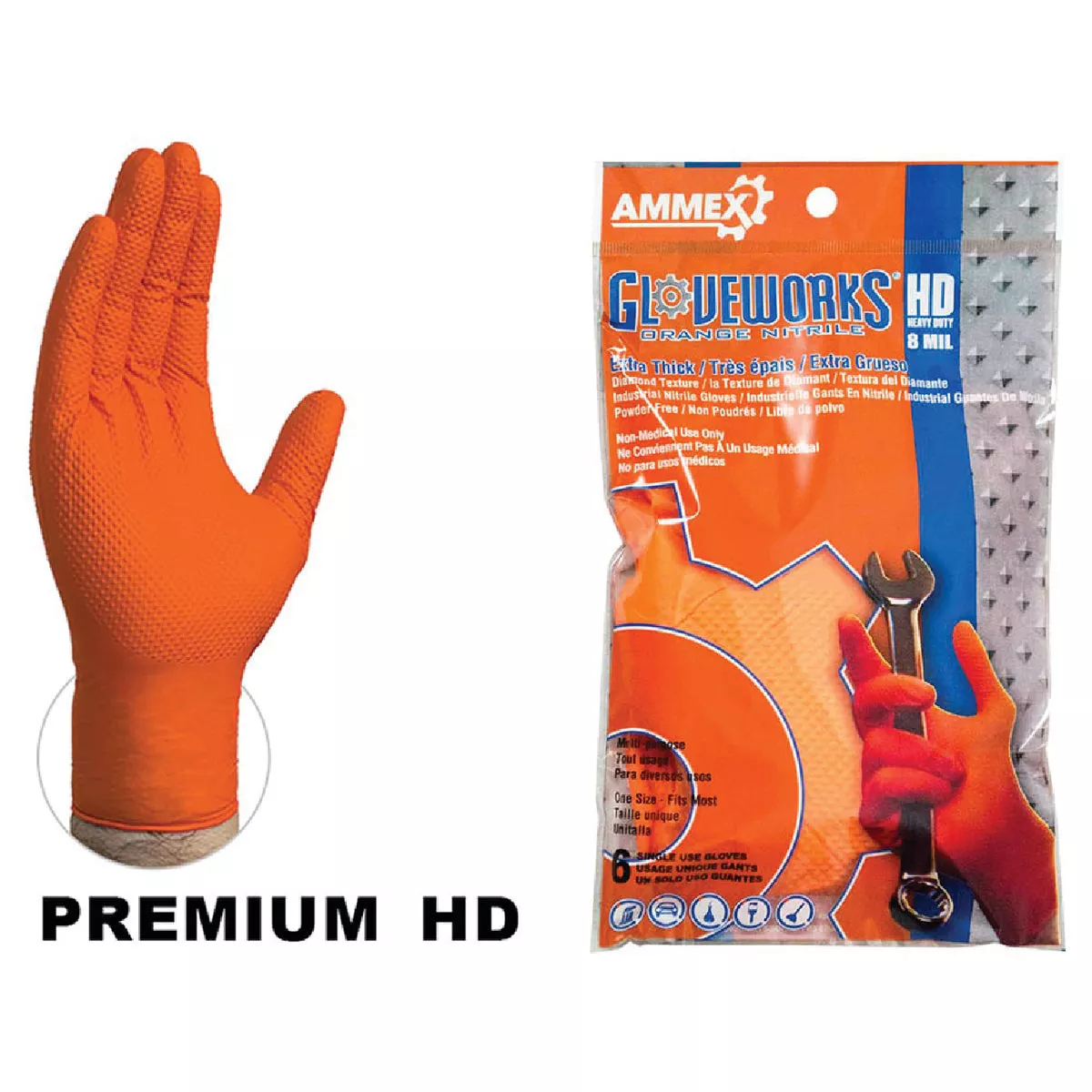 Ammex Gloveworks Nitrile Heavy Duty Orange 1 Size Fits Most 8 Mil. Disposable Gloves (6 Per Pack), 021-579-