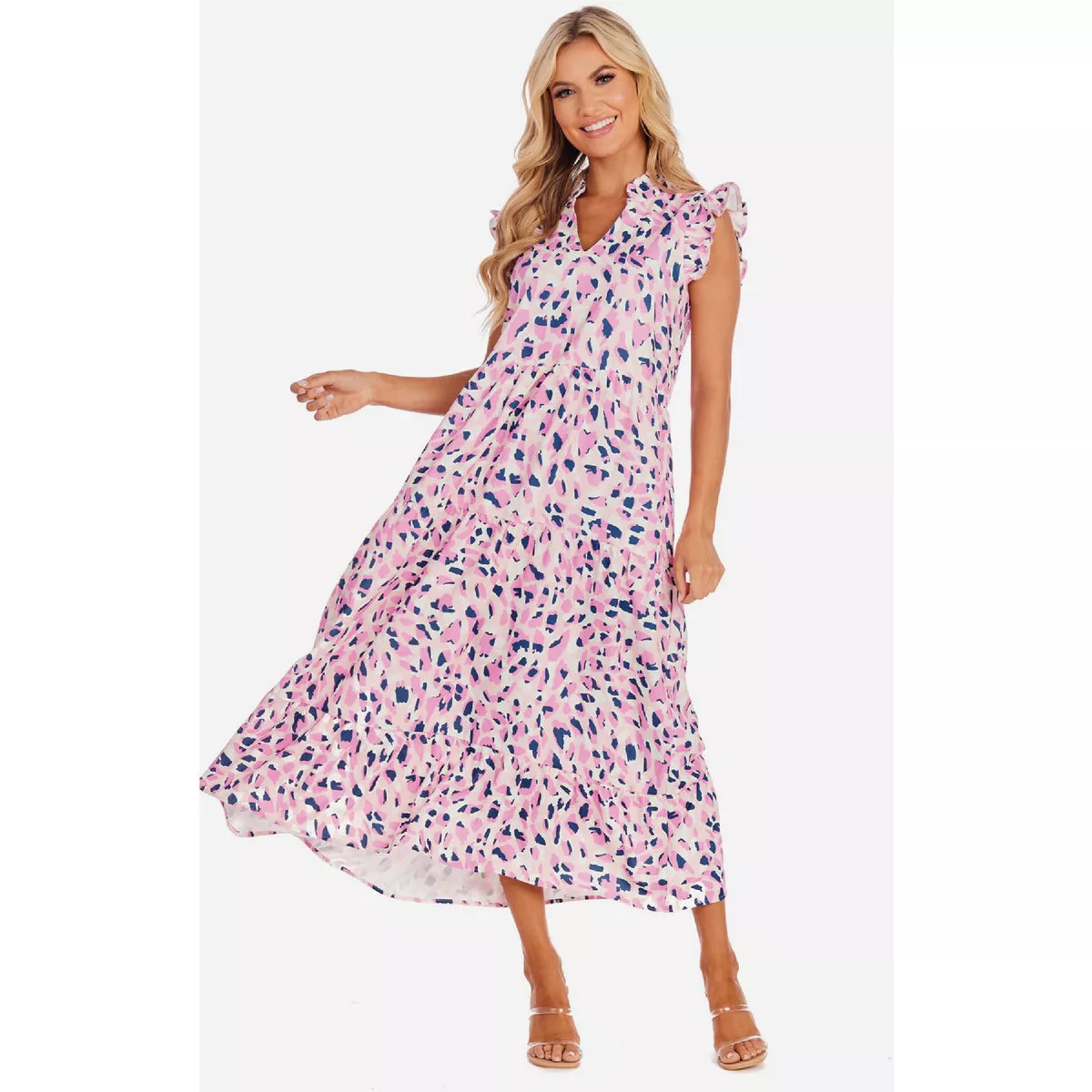 Mudpie Medium Pink Dot Abstract Adair Tiered Maxi