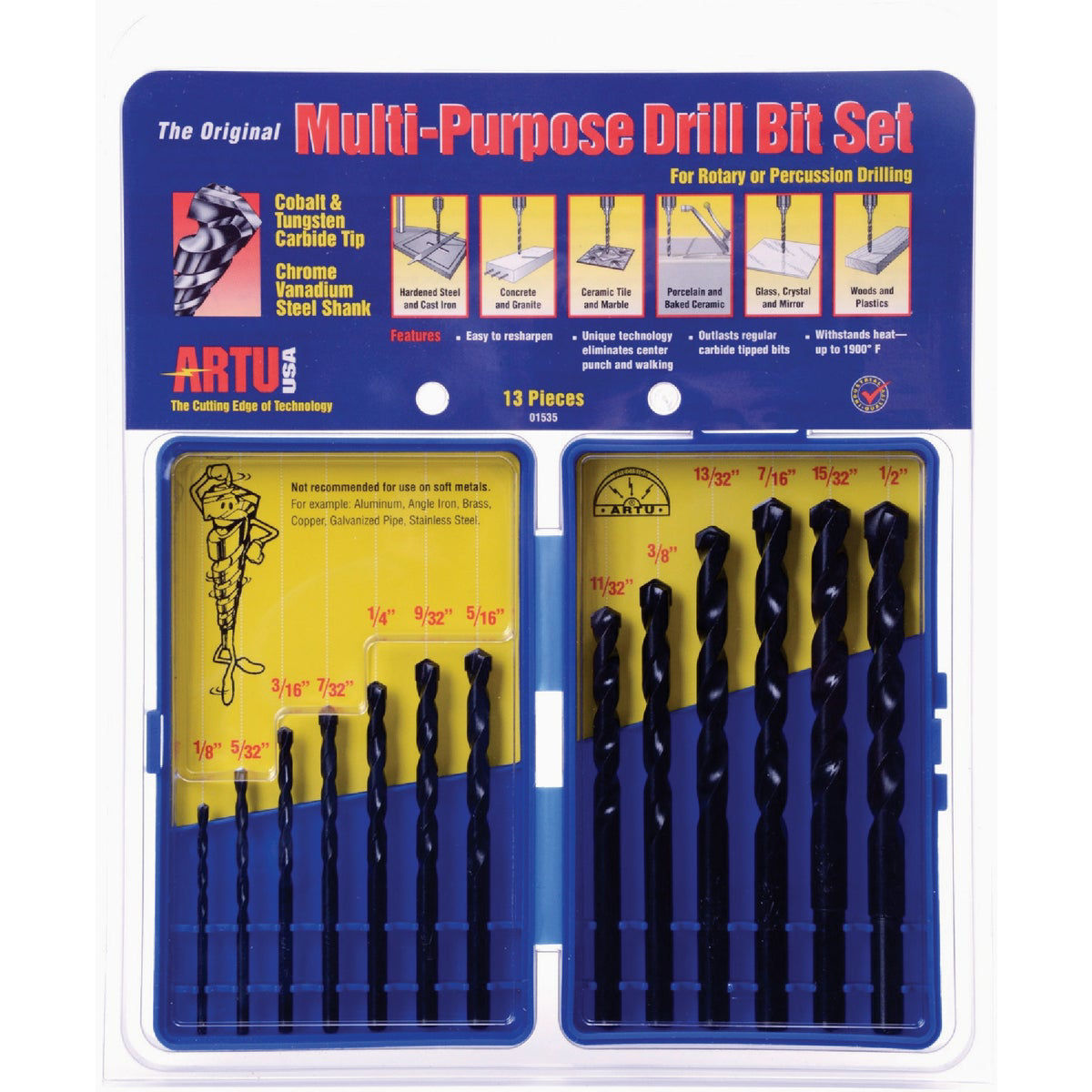 ARTU 13Piece Cobalt & Tungsten MultiPurpose Drill Bit Set, 1/8 In