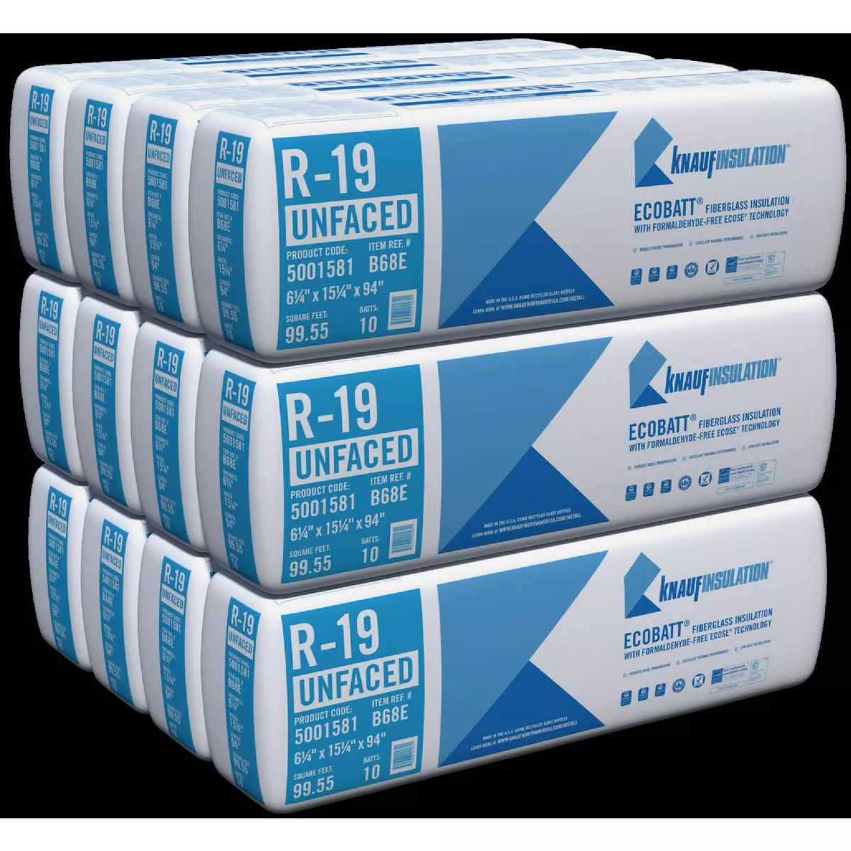 Knauf Insulation EcoBatt R-19 15.25 In. x 94 In. x 6.25 In. Unfaced Fiberglass Insulation Batt (10-Pack)