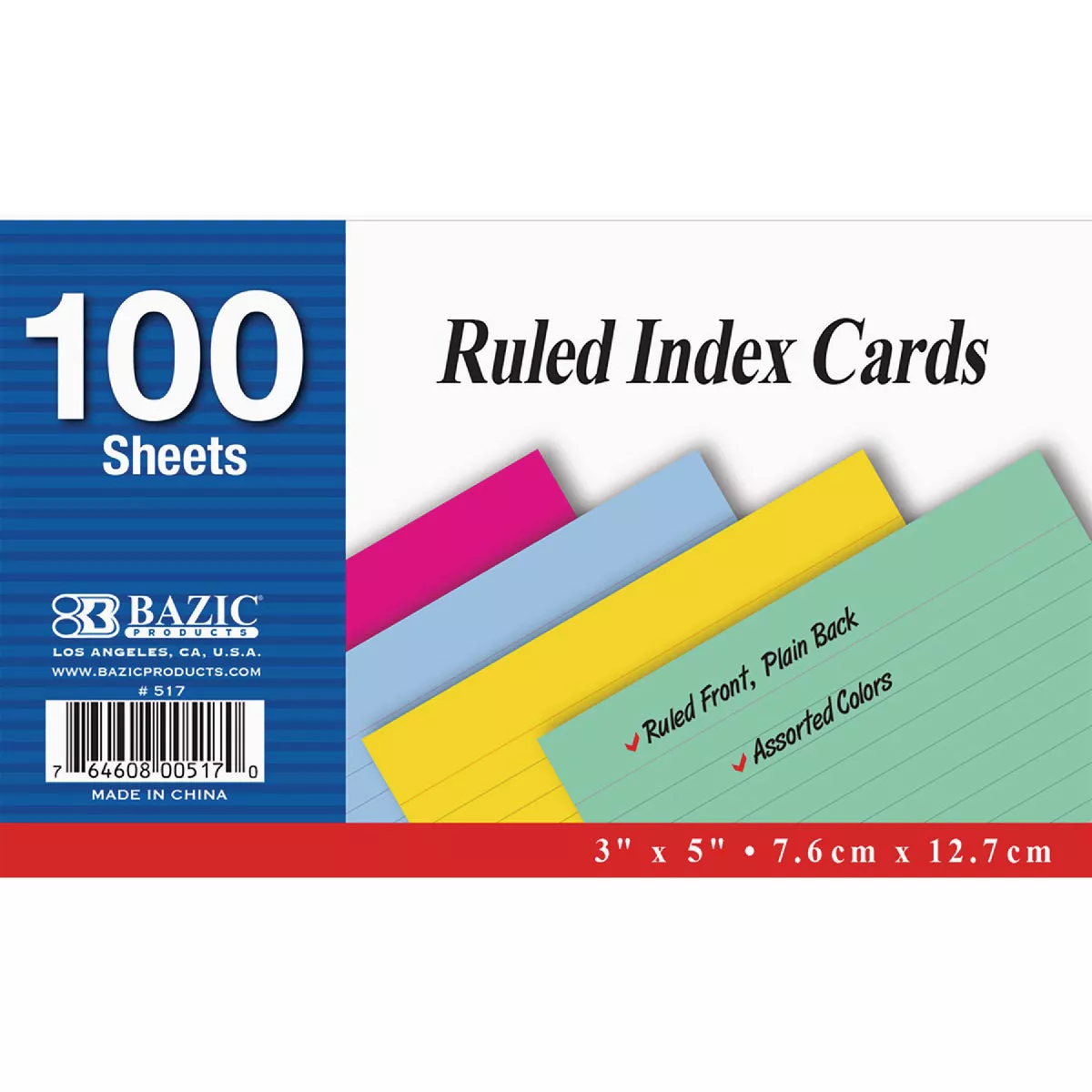 Bazic Products 100 Ct. 3 In. x 5 In. Ruled Colored Index Card