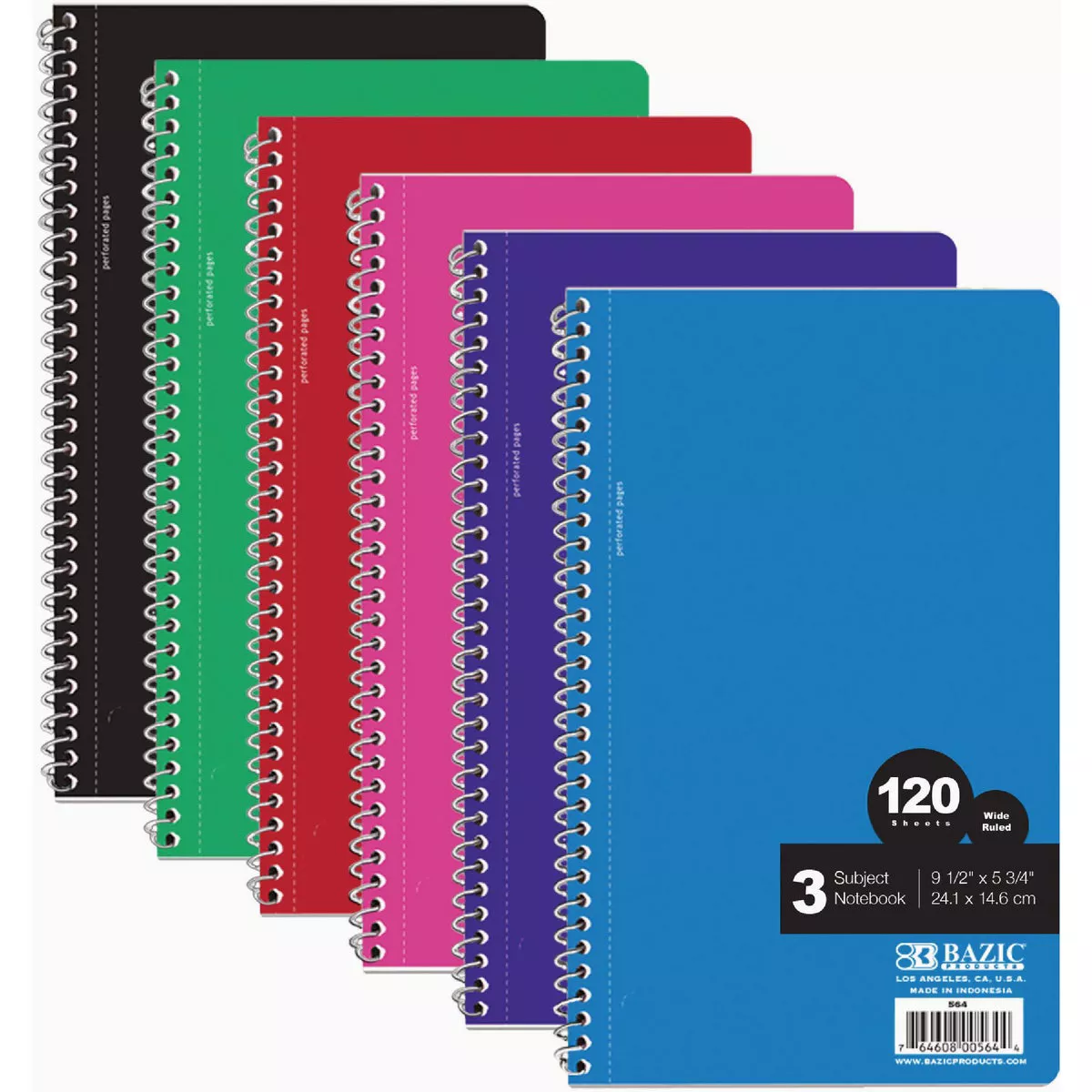 Bazic Products Wide Ruled 120 Ct. 9.5 In. X 5.75 In. 3-Subject Spiral Notebook