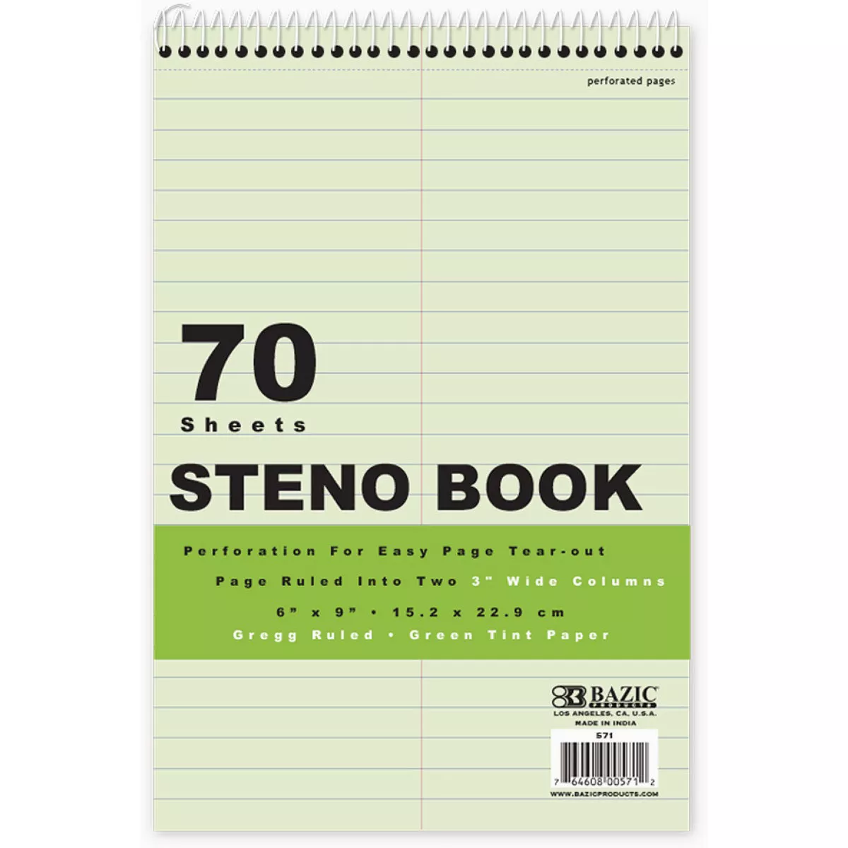 Bazic Products 70 Ct. 6 In. X 9 In. Green Tint Gregg Ruled Steno Book