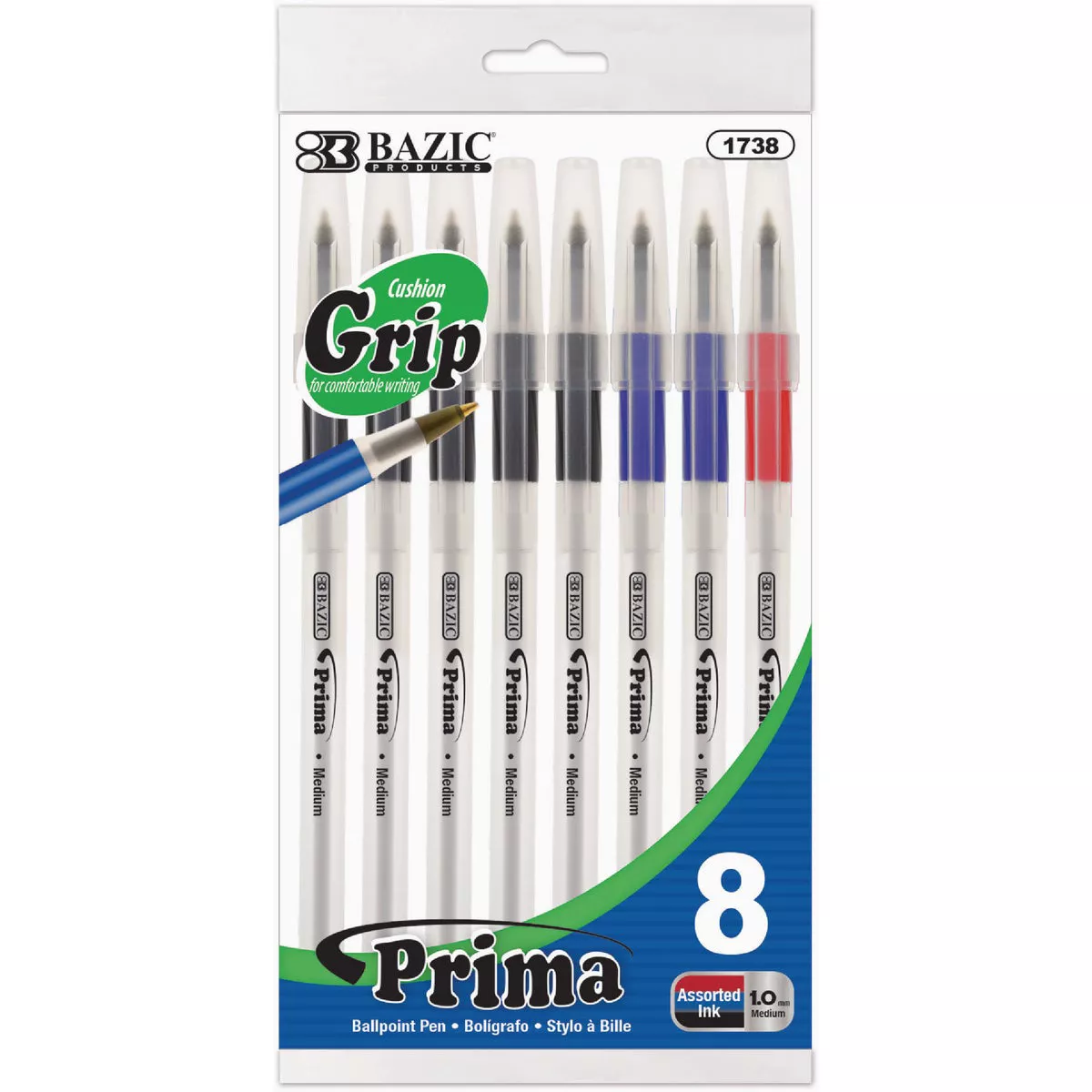 Bazic Products Prima Assorted Color Stick Pen with Cushion Grip (8-Pack)