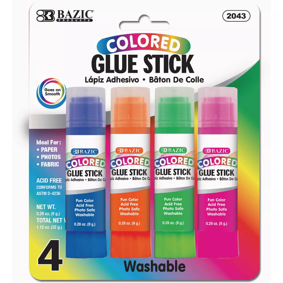 Bazic Products 0.28 Oz. (8g) Washable Colored Glue Stick (4-Pack)