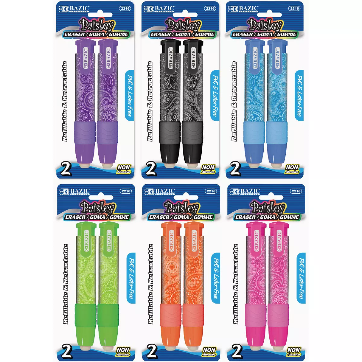Bazic Products Paisley Retractable Stick Erasers (2-Pack)