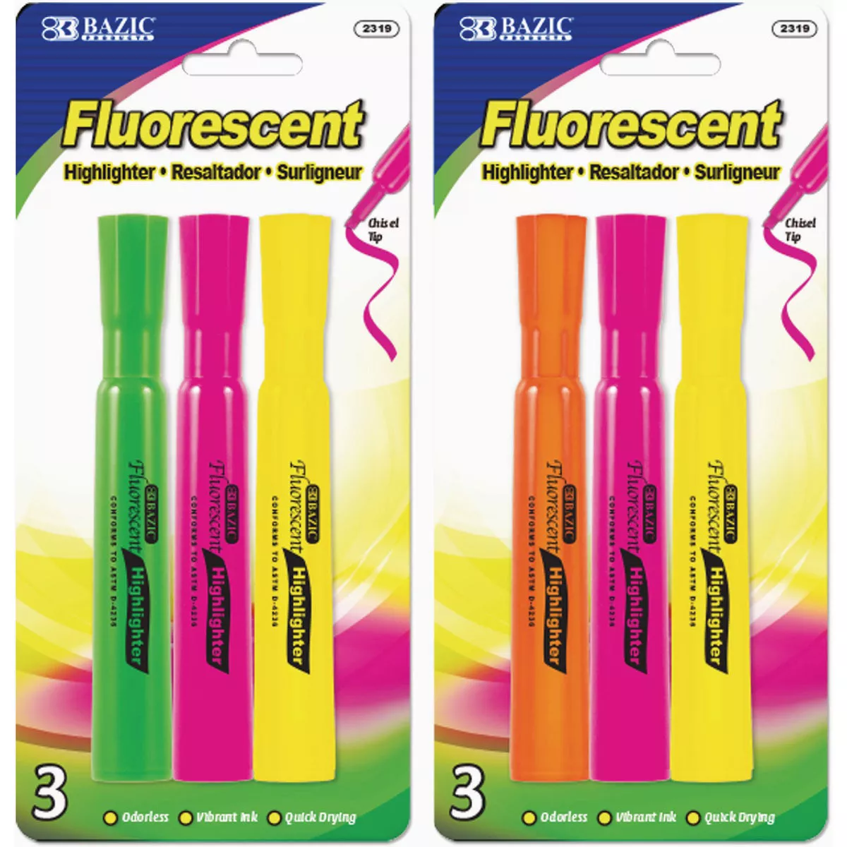 Bazic Products Desk Style Fluorescent Highlighter (3-Pack)