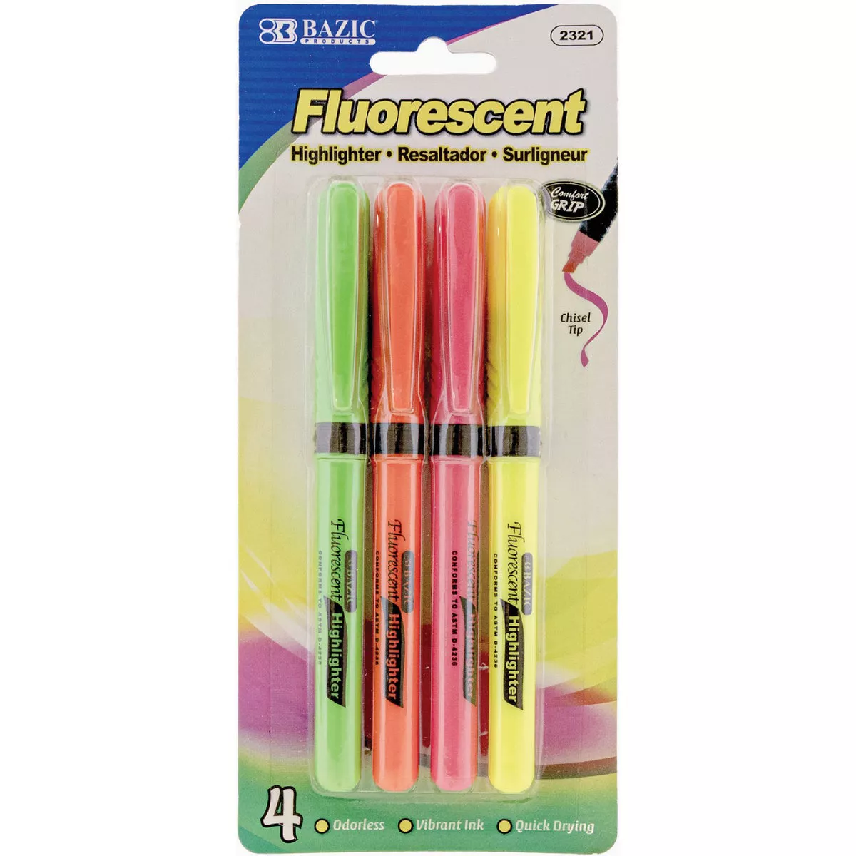 Bazic Products Pen-Style Fluorescent Highlighter with Cushion Grip (4-Pack)