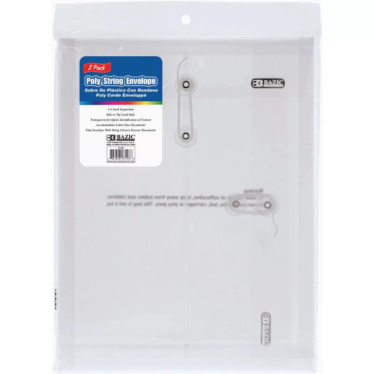 Bazic Products Clear Top/Side Loading Letter Size String Envelope (2-Pack)