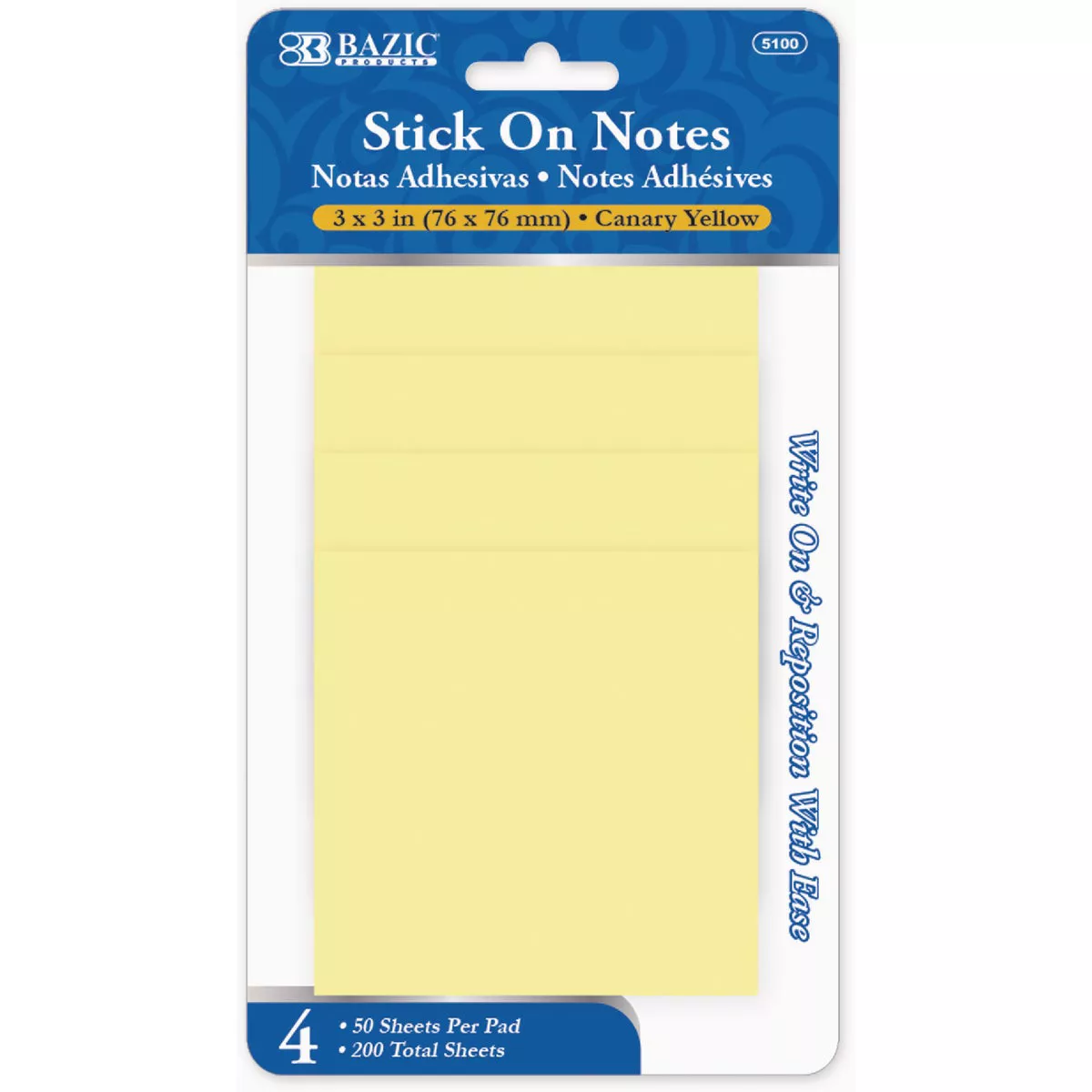 Bazic Products 50 Ct. 3 In. x 3 In. Yellow Stick On Notes (4-Pack)