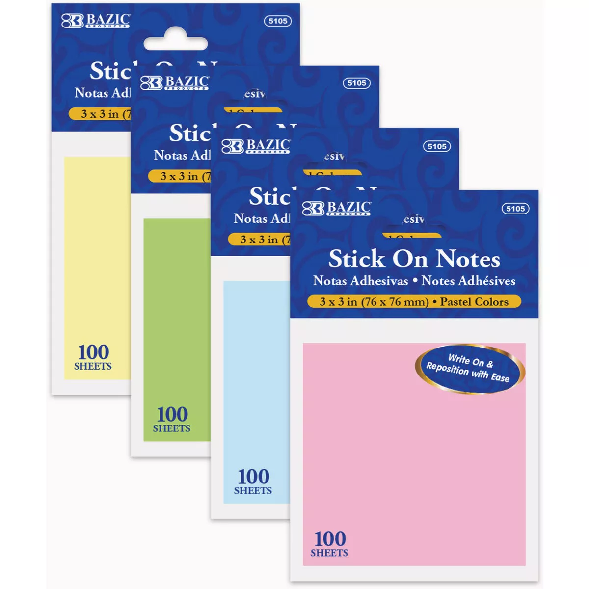 Bazic Products 100 Ct. 3 In. x 3 In. Stick On Notes