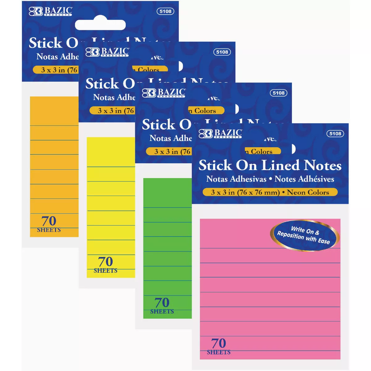 Bazic Products 70 Ct. 3 In. x 3 In. Neon Lined Stick On Notes