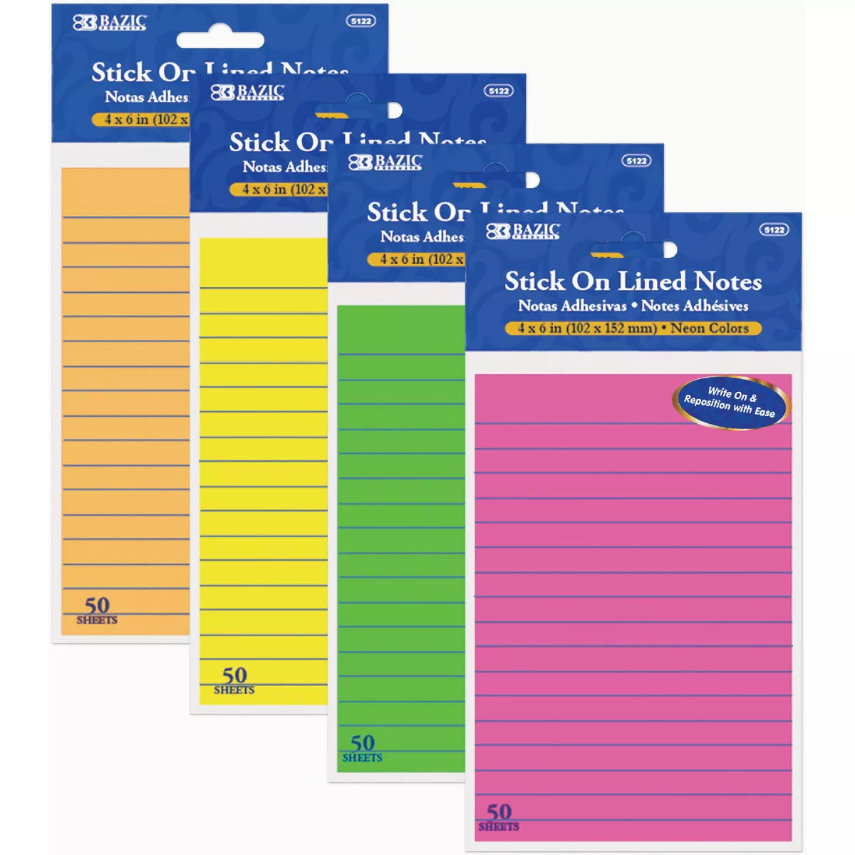 Bazic Products 50 Ct. 4 In. x 6 In. Neon Lined Stick On Notes