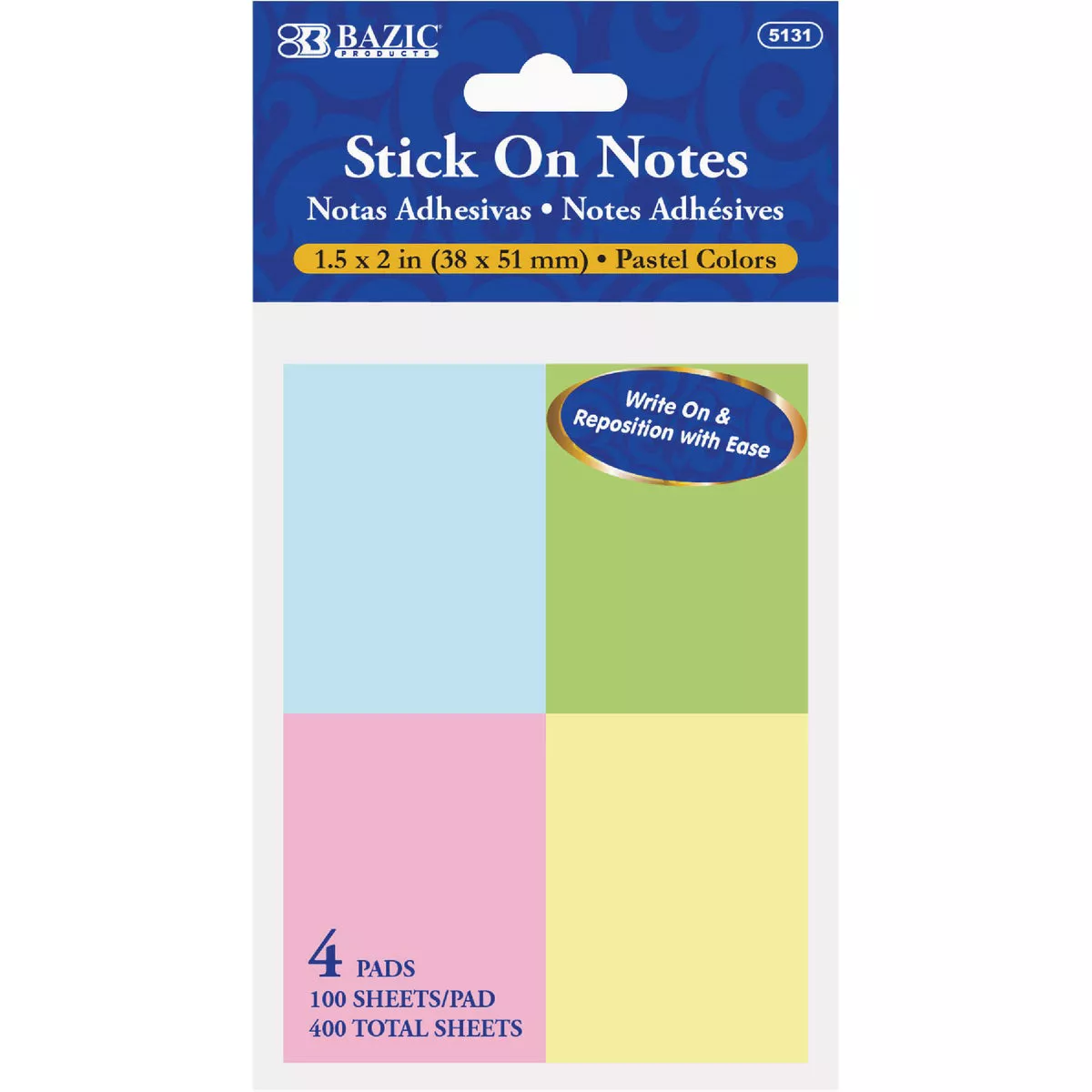 Bazic Products 100 Ct. 1.5 In. x 2 In. Stick On Notes (4-Pack)