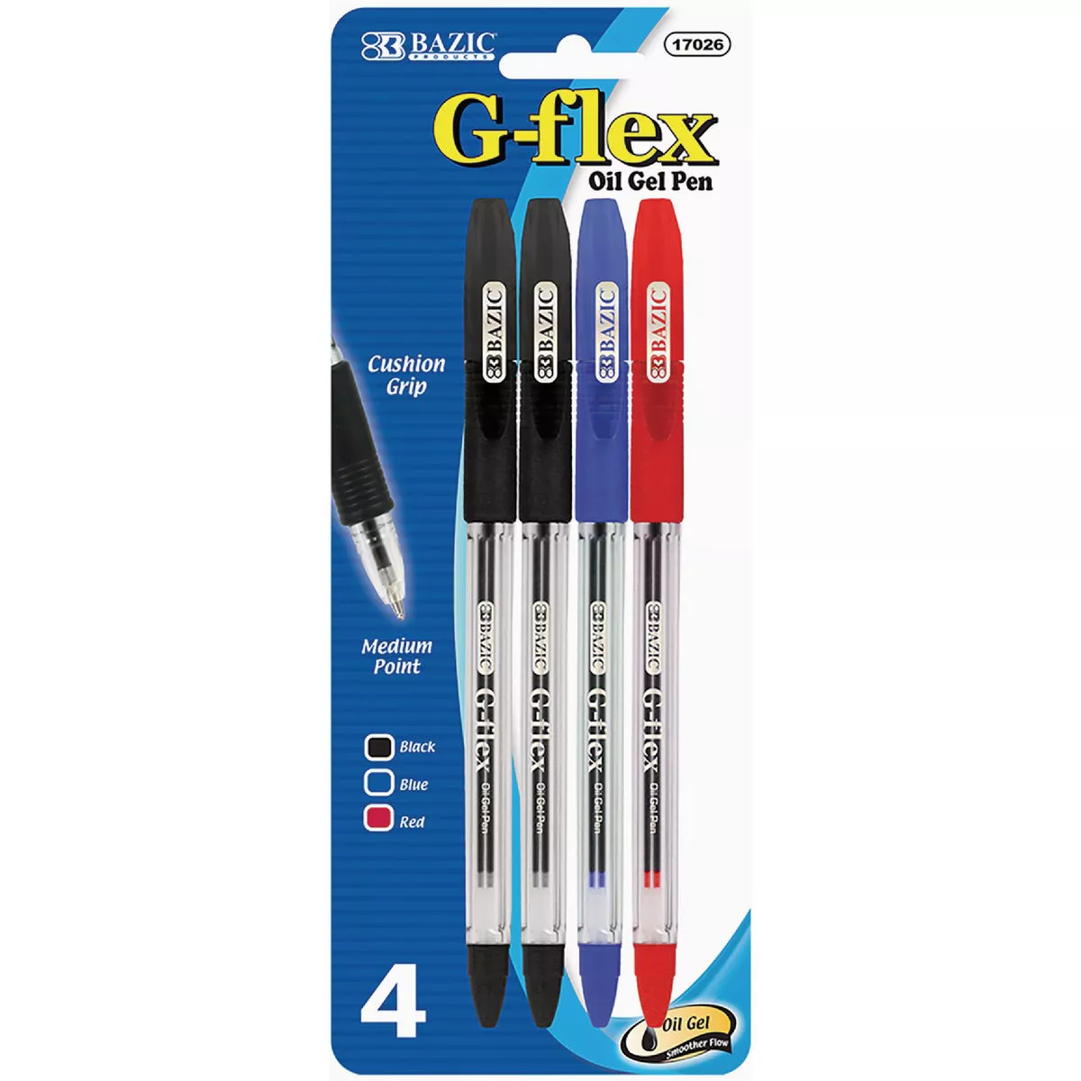 Bazic Products G-Flex Assorted Color Oil-Gel Ink Pen with Cushion Grip (4-Pack)