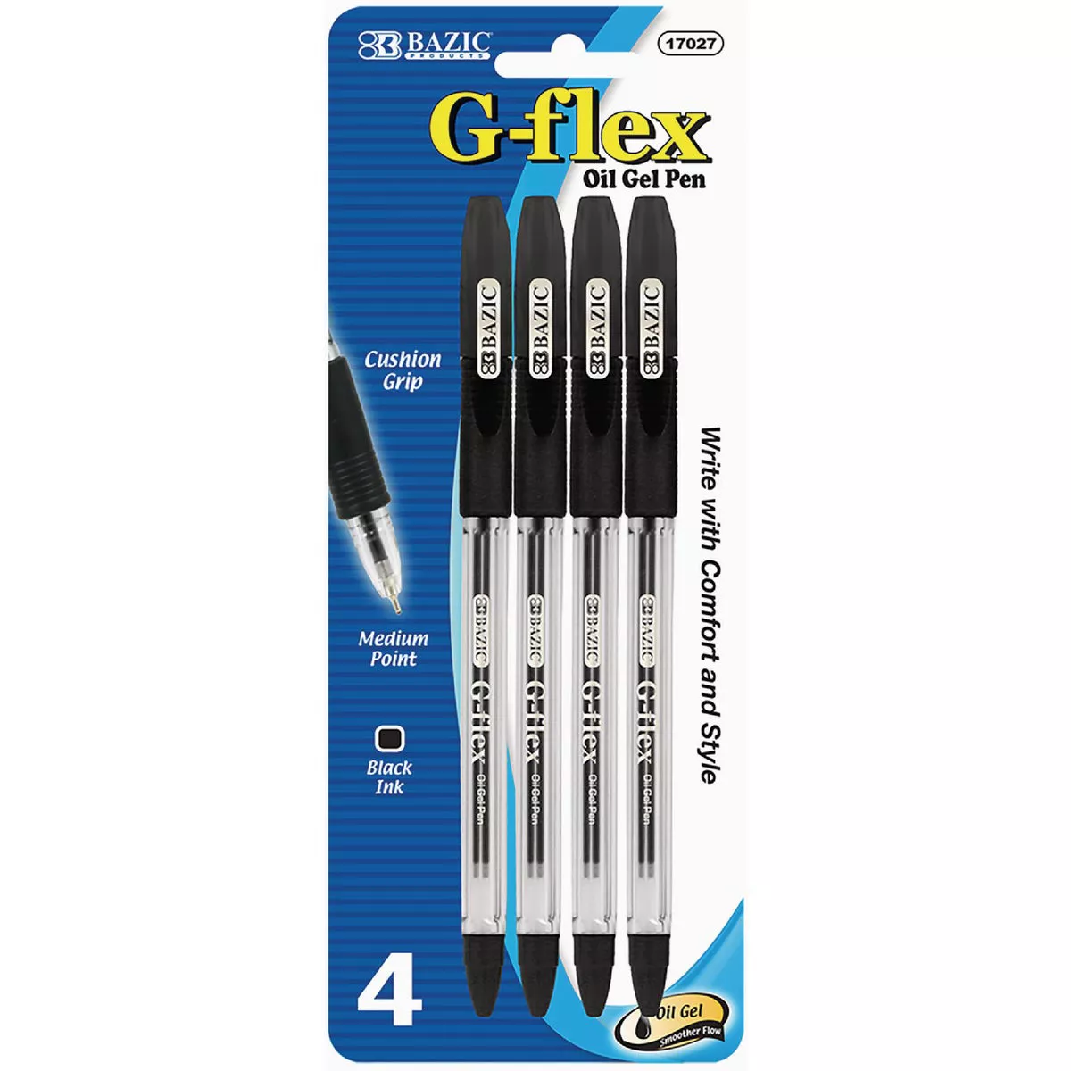 Bazic Products G-Flex Black Oil-Gel Ink Pen with Cushion Grip (4-Pack)