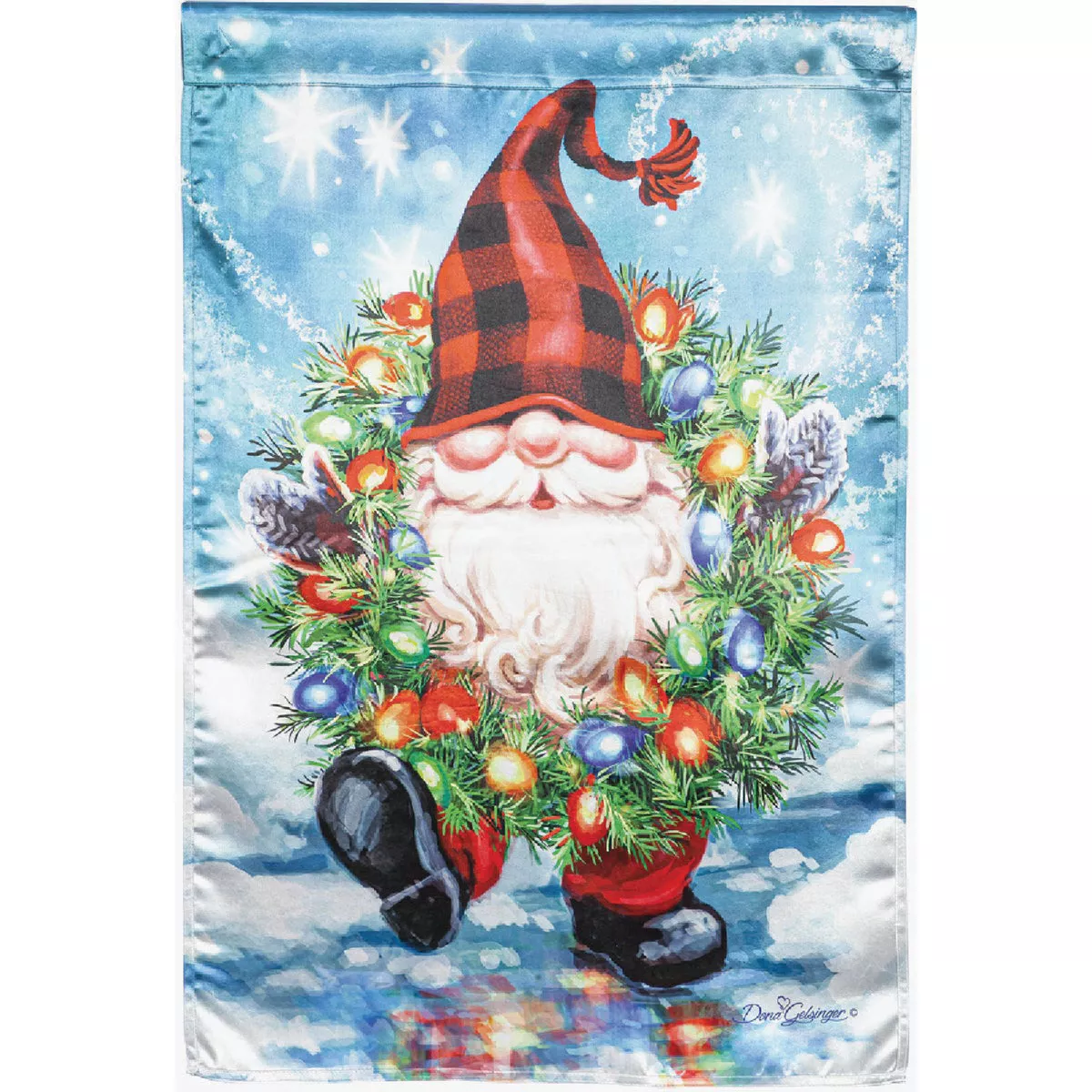 Evergreen Gnome with a Christmas Wreath House Lustre Flag