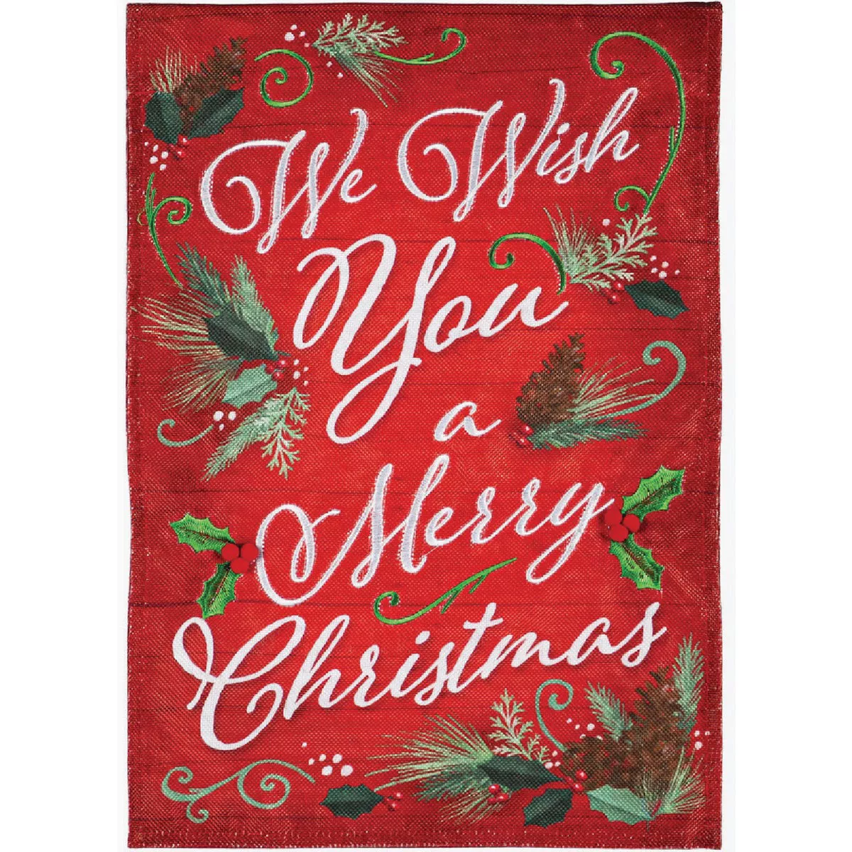 Evergreen We Wish You a Merry Christmas Garden Burlap Flag