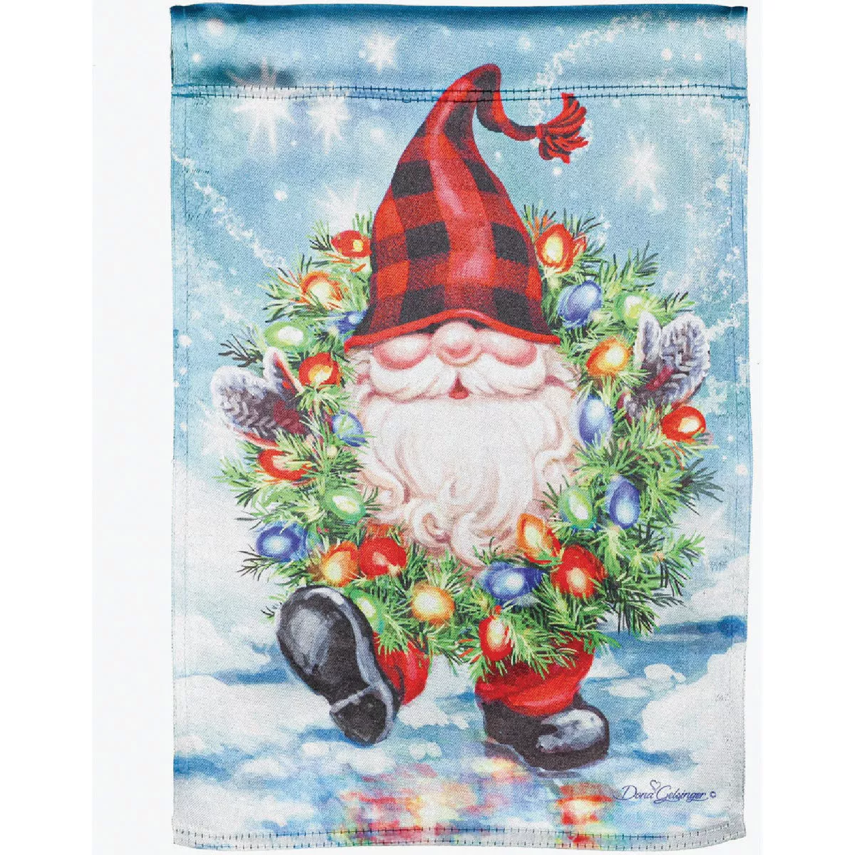 Evergreen Gnome with a Christmas Wreath Garden Lustre Flag