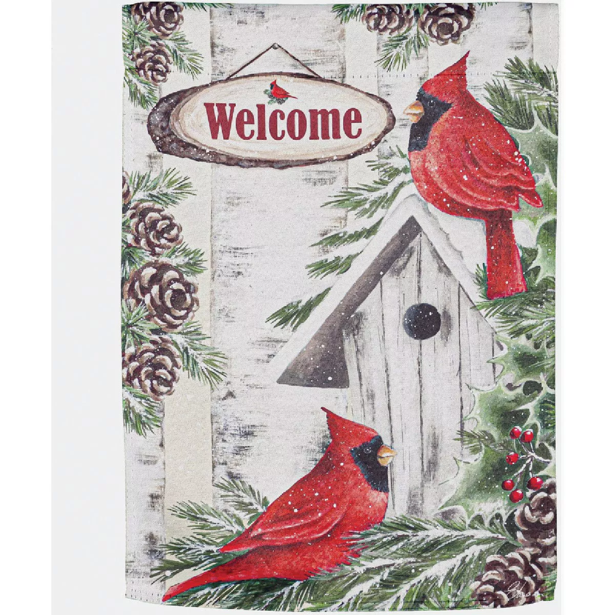 Evergreen Wooden Birdhouse with Cardinals Garden Suede Flag