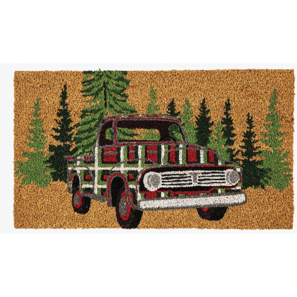 Evergreen Plaid Christmas Truck Coir Door Mat