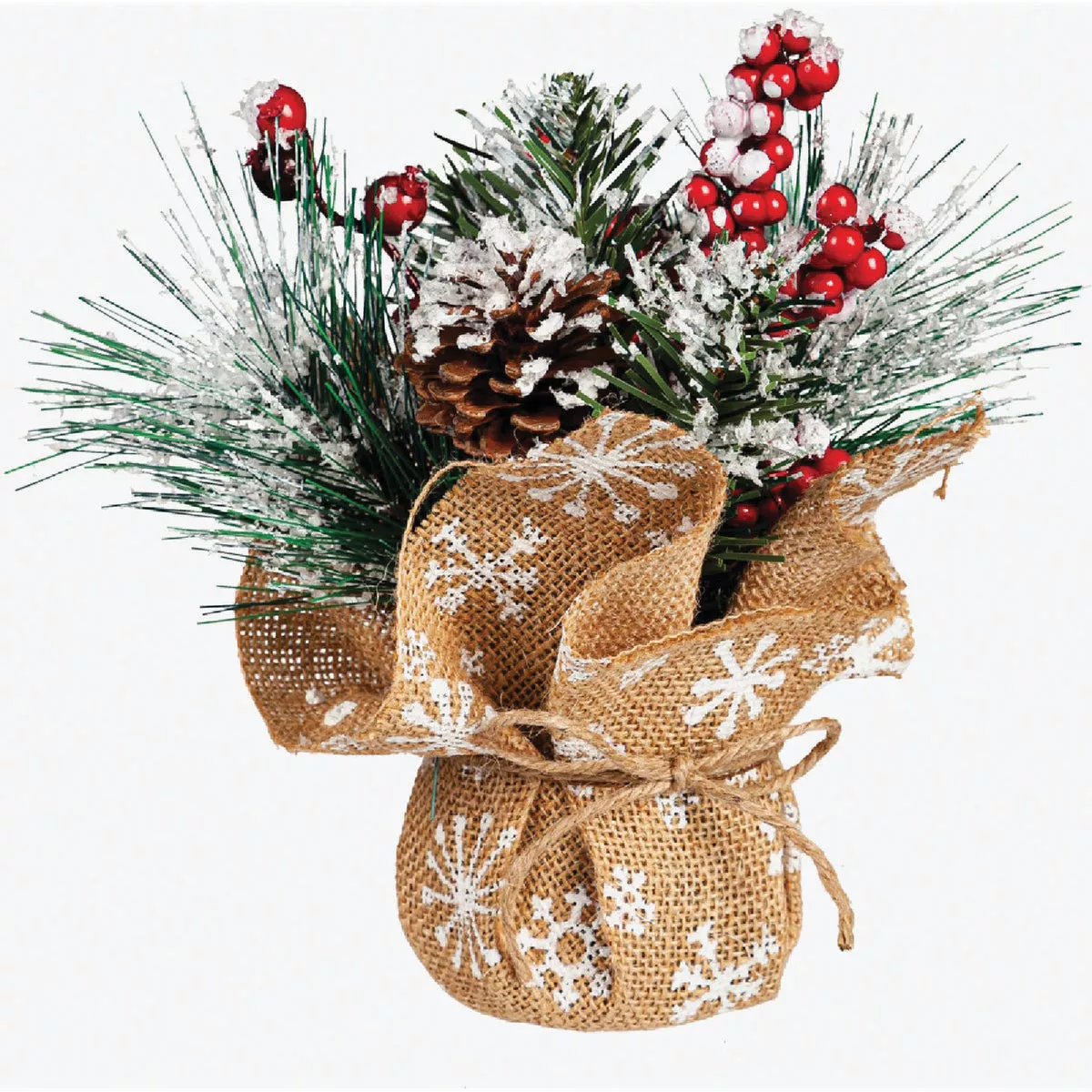 Evergreen 8.5 In. Frosted Berries and Pinecone Artificial in Burlap Wrap Pot Table Decor