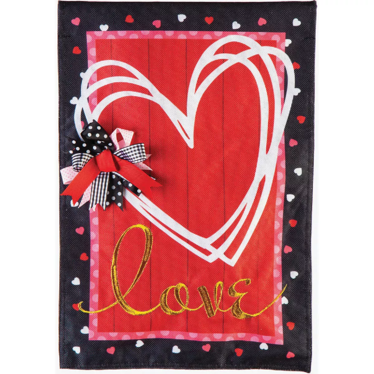 Evergreen Scattered Hearts and Bow Garden Burlap Flag