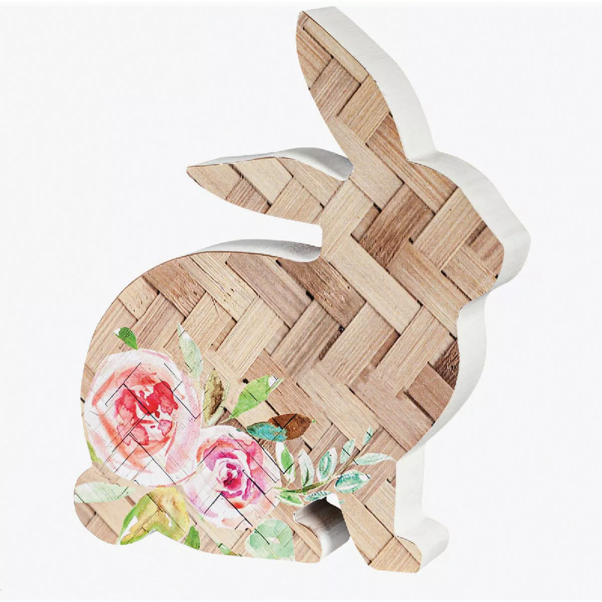 Evergreen 7 In. Wood Bunny with Flowers Tabletop Decor