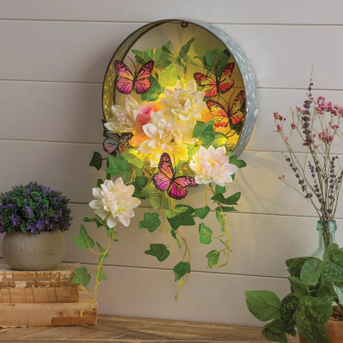 Evergreen 20 In. LED Floral and Butterflies Artificial Wall Decor