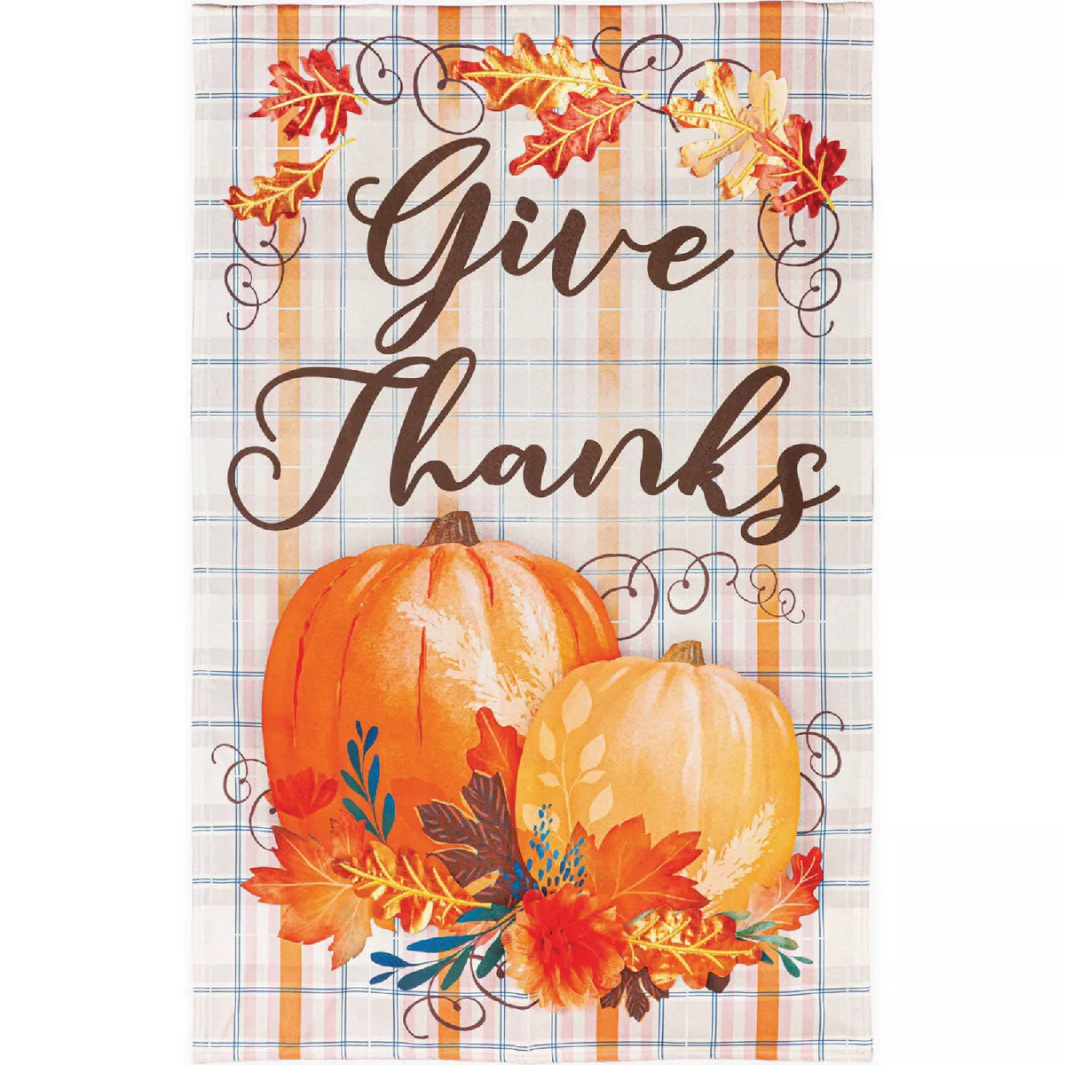 Evergreen 18 In. H x 12.-1/2 In. L Textile Plaid Pumpkin Greetings Linen Garden Flag