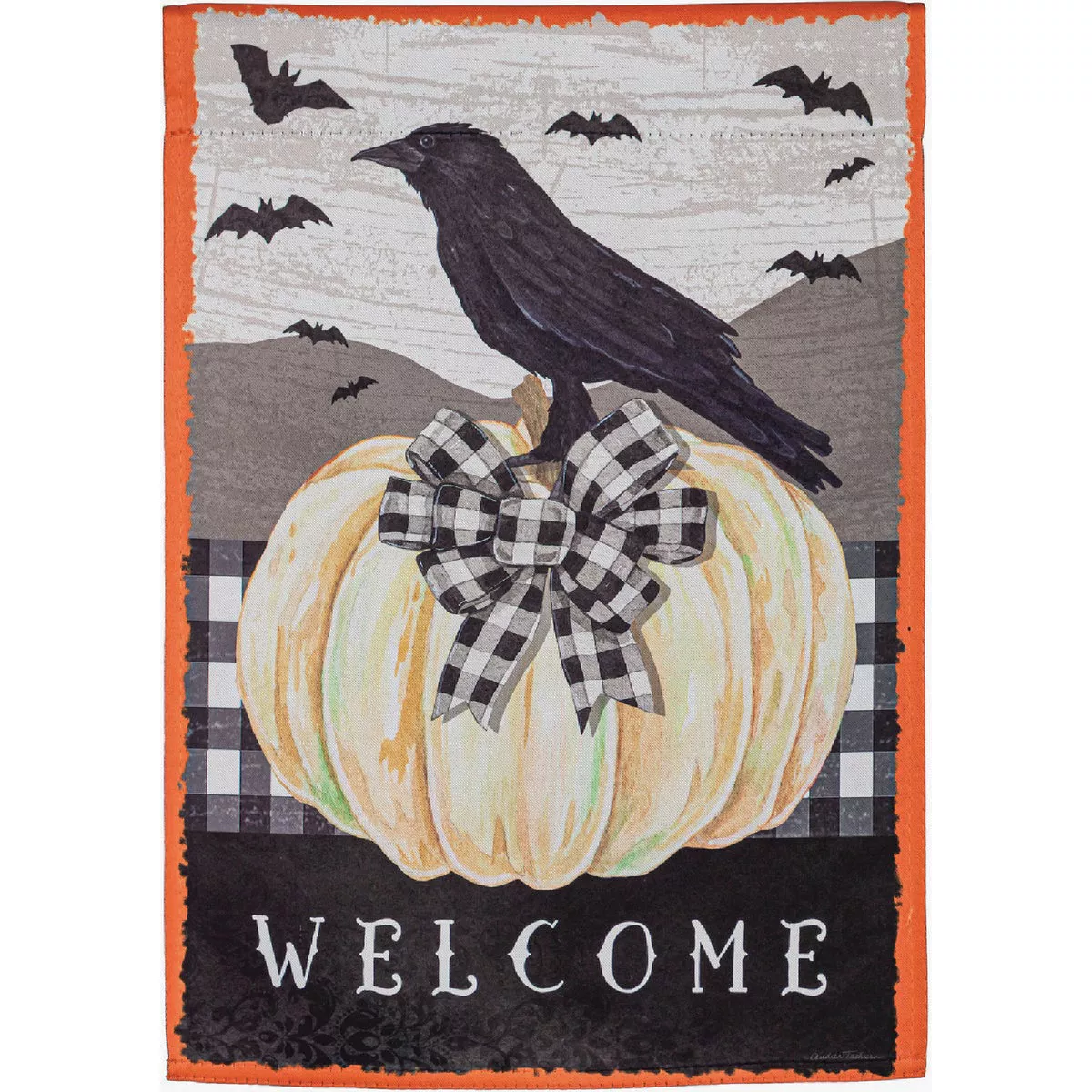 Evergreen 18 In. W x 12-1/2 In. L Textile Welcome White Pumpkin w/Black Crow Suede Garden Flag