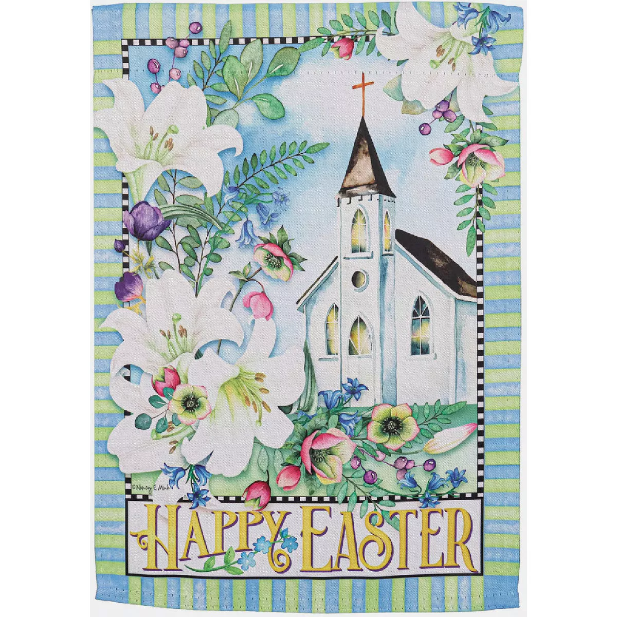Evergreen Easter Church with Flowers Garden Suede Flag