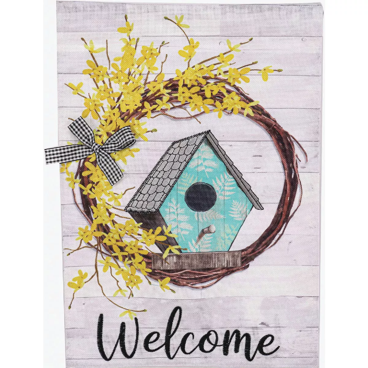 Evergreen Forsythia and Birdhouse Wreath Garden Burlap Flag
