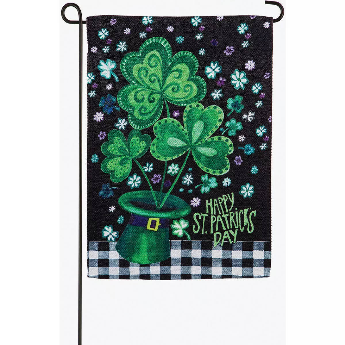 Evergreen Shamrocks Buffalo Plaid Garden Textured Suede Flag