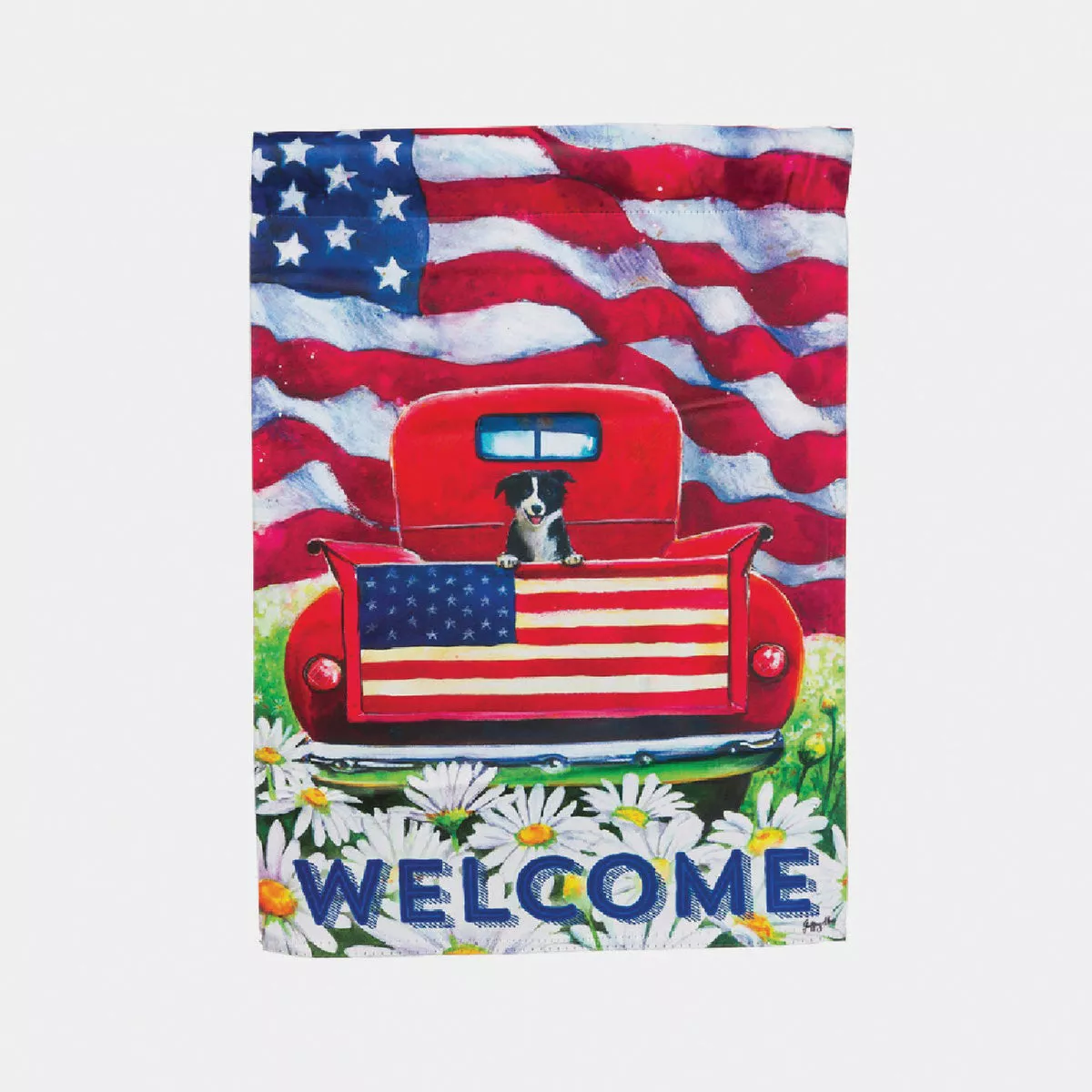 Evergreen Patriotic Pup Truck Garden Suede Flag