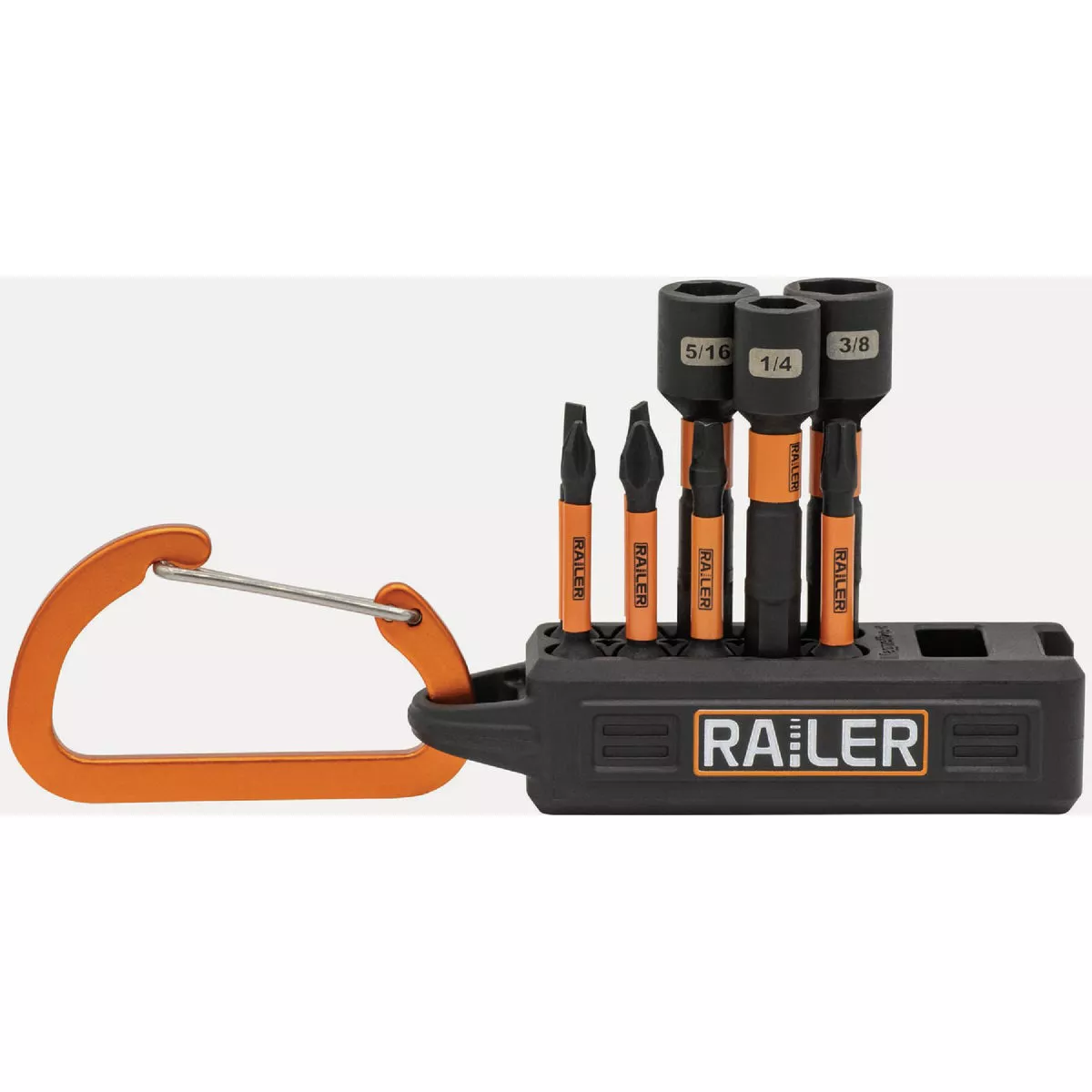 Railer Electrician's Magnetizer Bitrail Set with (9) Impact Driver Bits & Black Bit Holder with Carabiner-