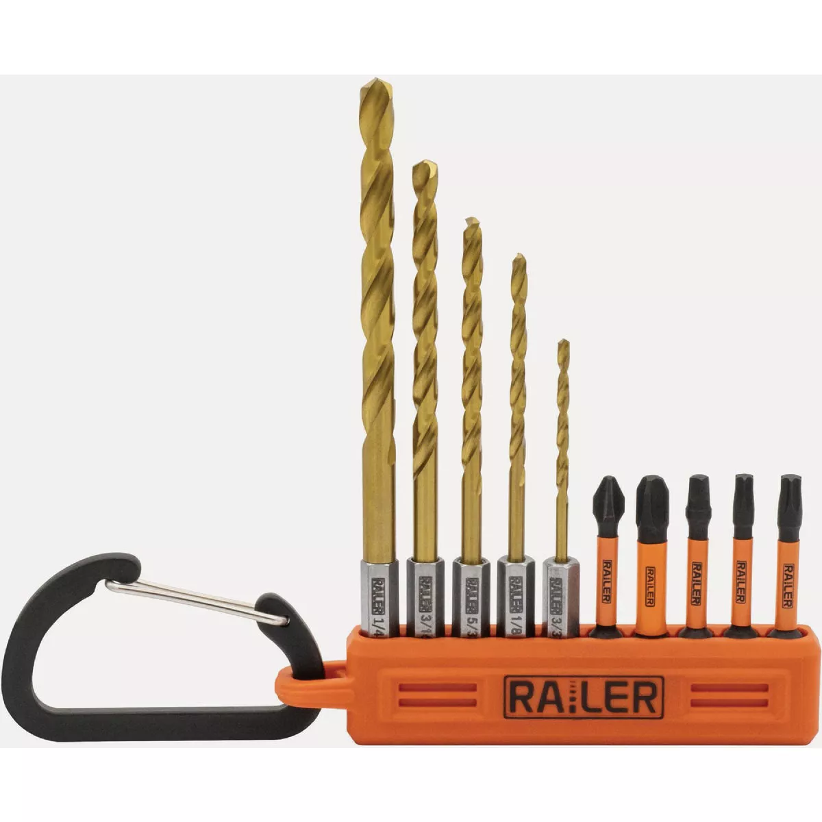 Railer Drill & Drive Bitrail Set with (10) Impact Driver Bits & Orange Bit Holder with Carabiner