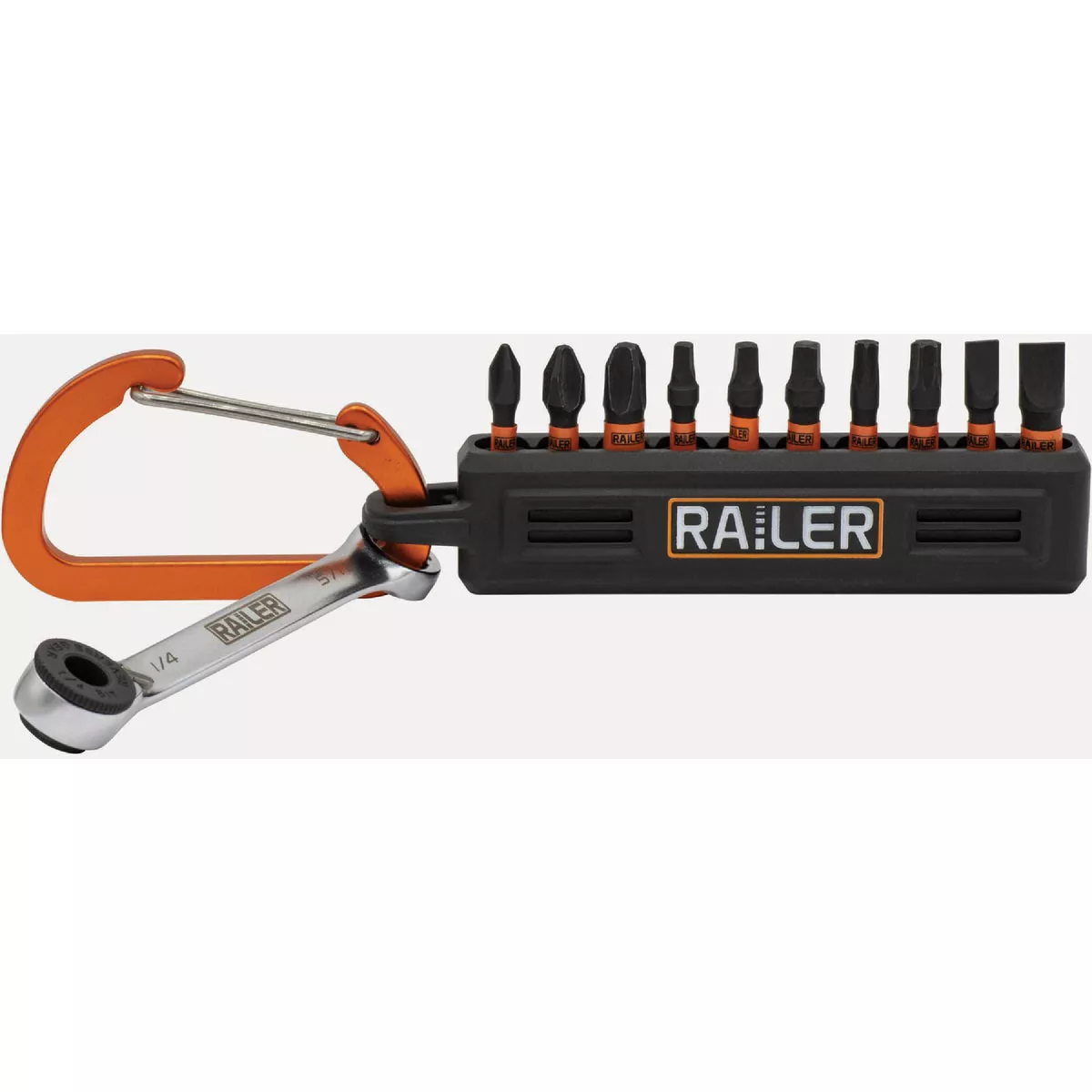 Railer 1 In. Bitrail Set with (10) Impact Driver Bits & Black Bit Holder with Carabiner & Bit Ratchet