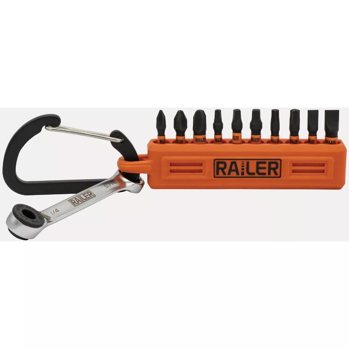 Railer 1 In. Bitrail Set with (10) Impact Driver Bits & Orange Bit Holder with Carabiner & Bit Ratchet