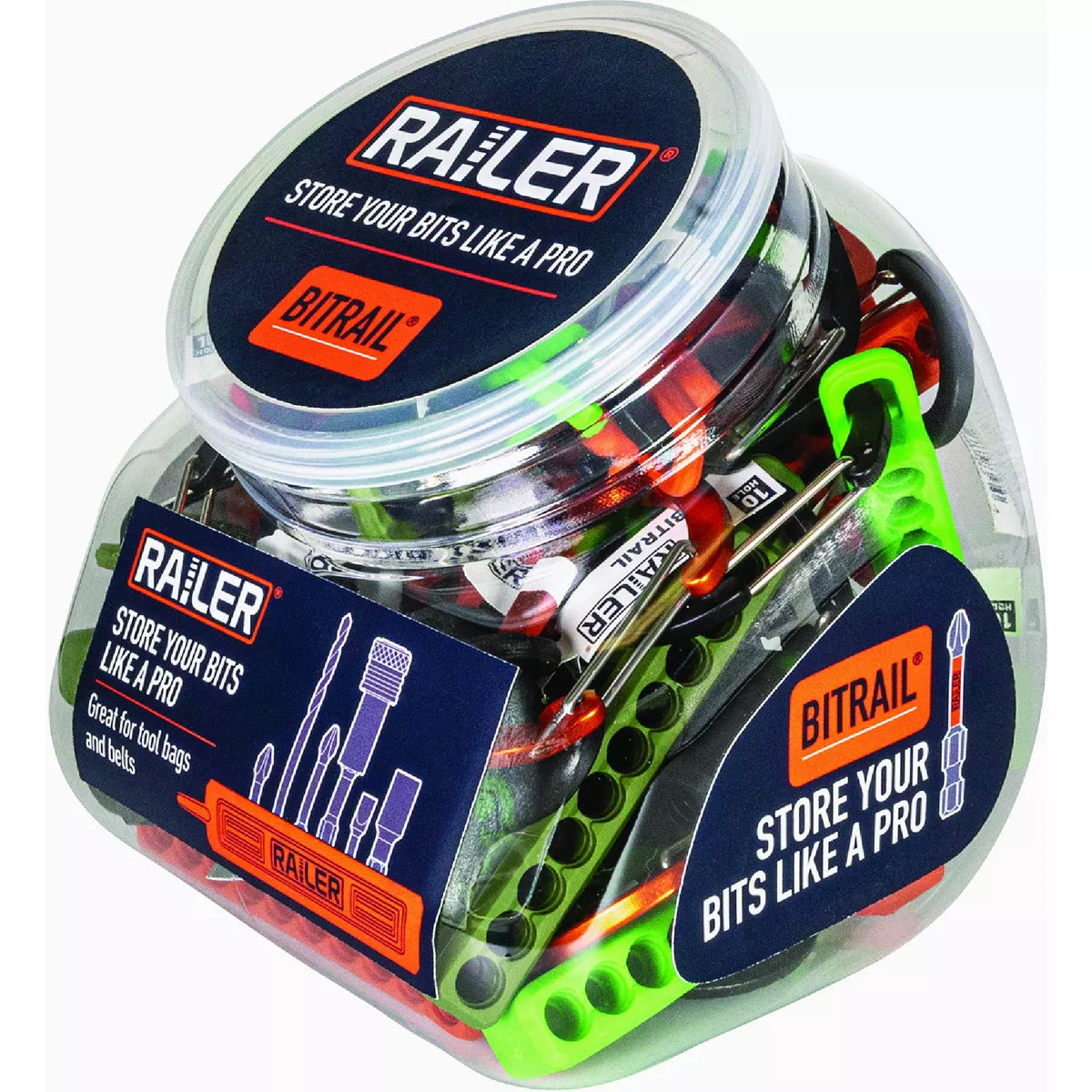 Railer 10-Hole Mega Bitrail Black, Orange & Hi Vis Green Bit Holder Storage Organizer with Carabiner Display