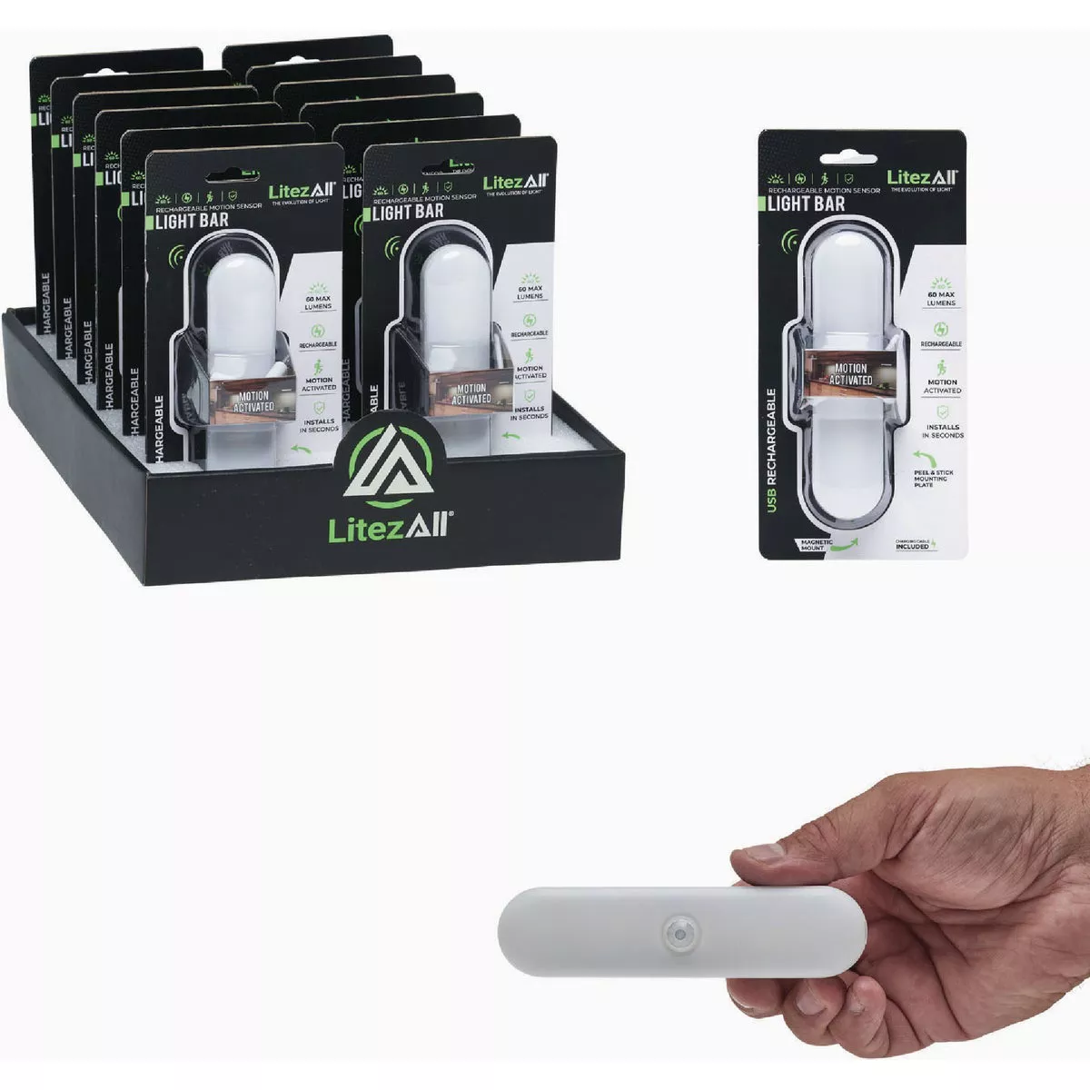 LitezAll White LED 60 Lm. Compact Rechargeable Motion-Activated Light Bar-