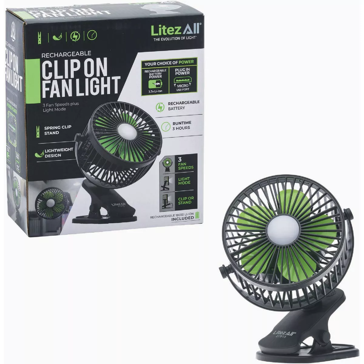 LitezAll Rechargeable Clip-On Fan with Light