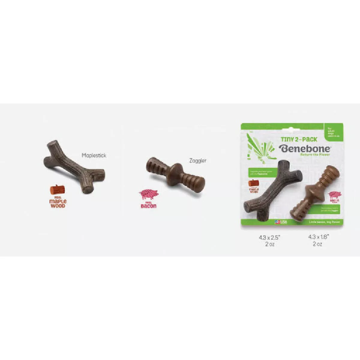 Benebone Tiny Bacon Maple Stick/Zaggler Dog Toy (2-Pack)
