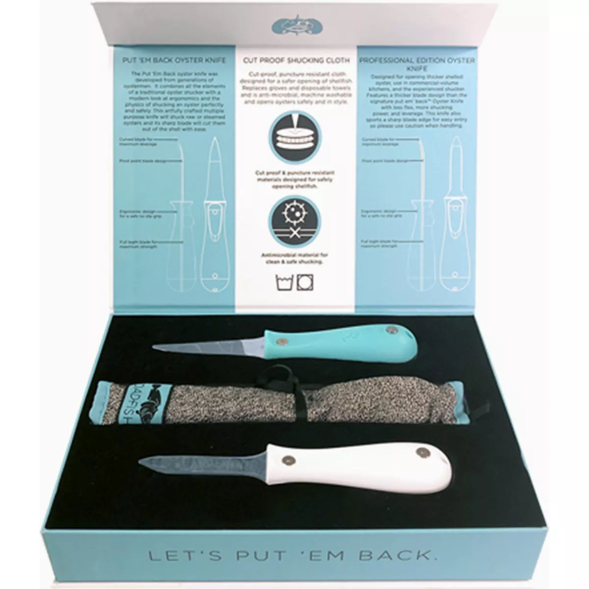 Toadfish Teal Oyster Knife, Shucking Cloth & Pro Edition Oyser Knife Shucker's Bundle (3 Piece)-