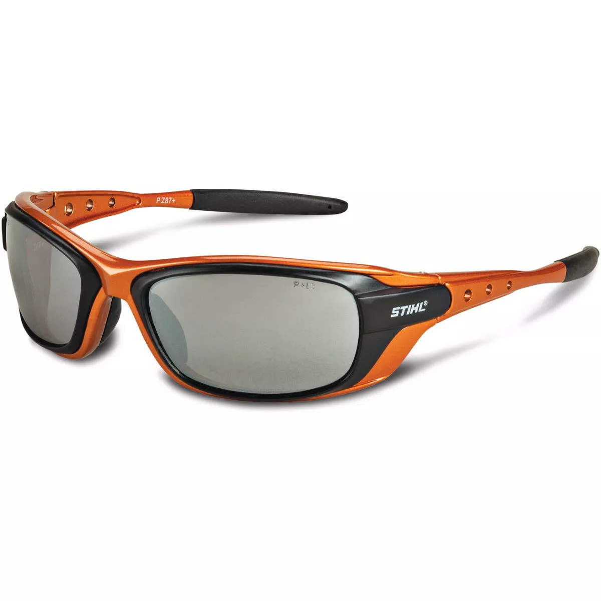 STIHL Two-Tone Work Orange Black Frame Safety Glasses with Silver Mirror Lenses