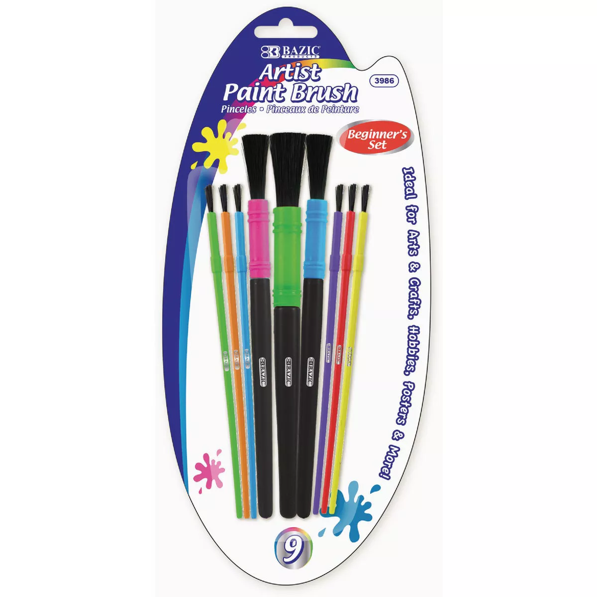 Bazic Products Assorted Size Kid's Paint Brush Set (9-Pack)-